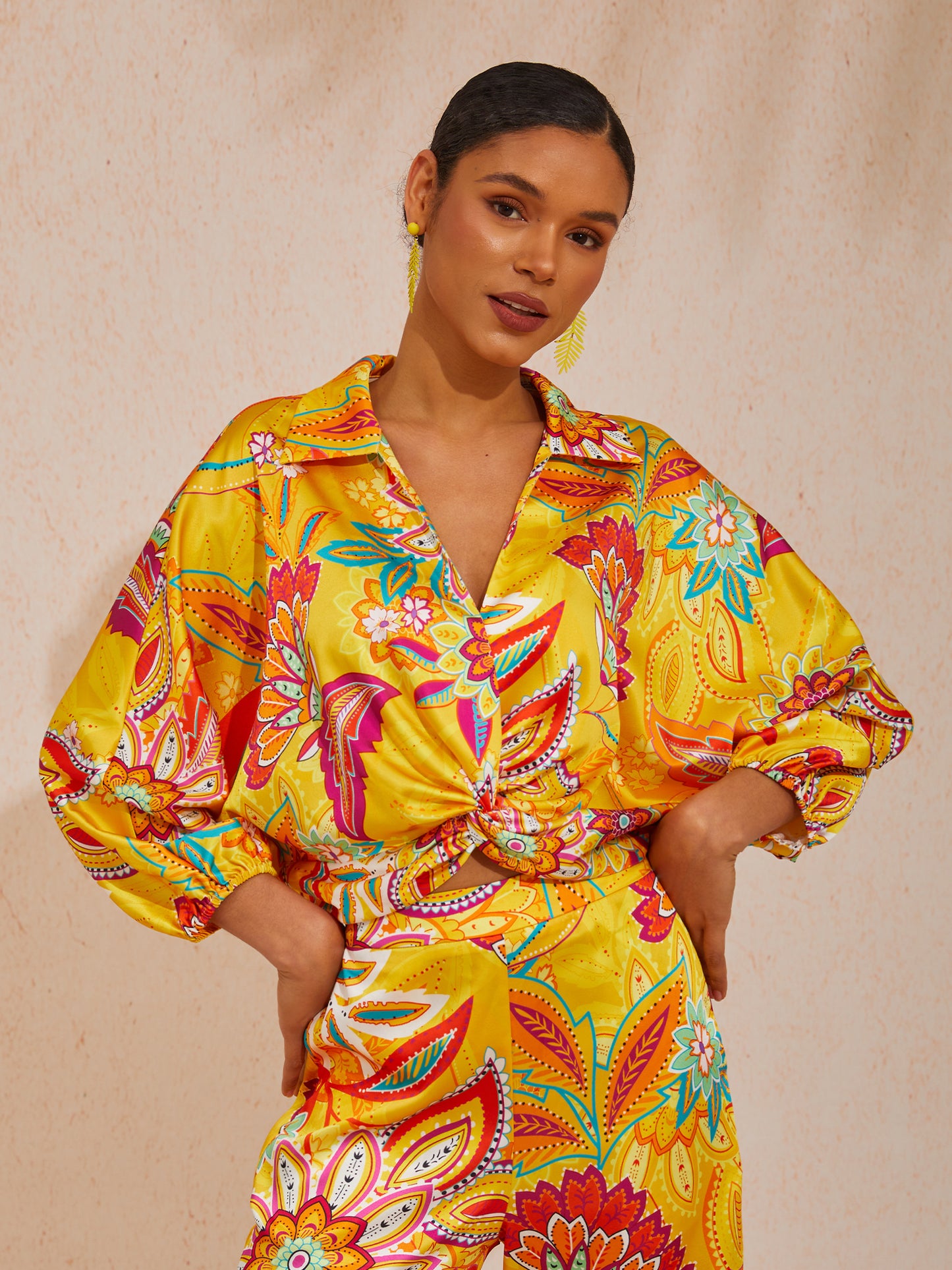 Vacation Paisley Floral Loose Fit Satin Short Top