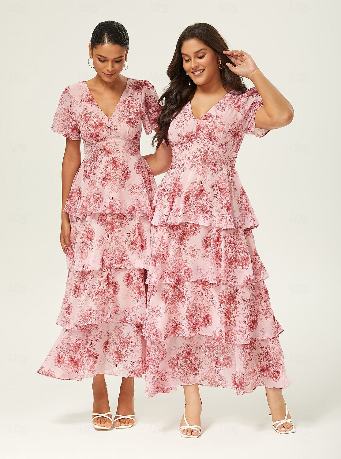 Floral Chiffon Maxi Dress A Line Tiered Ruffle Cake