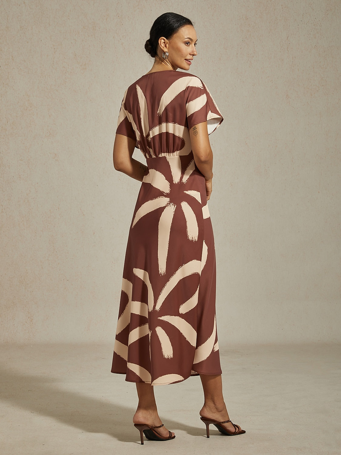 Maxi Dress Coffee Abstract Floral Print Satin