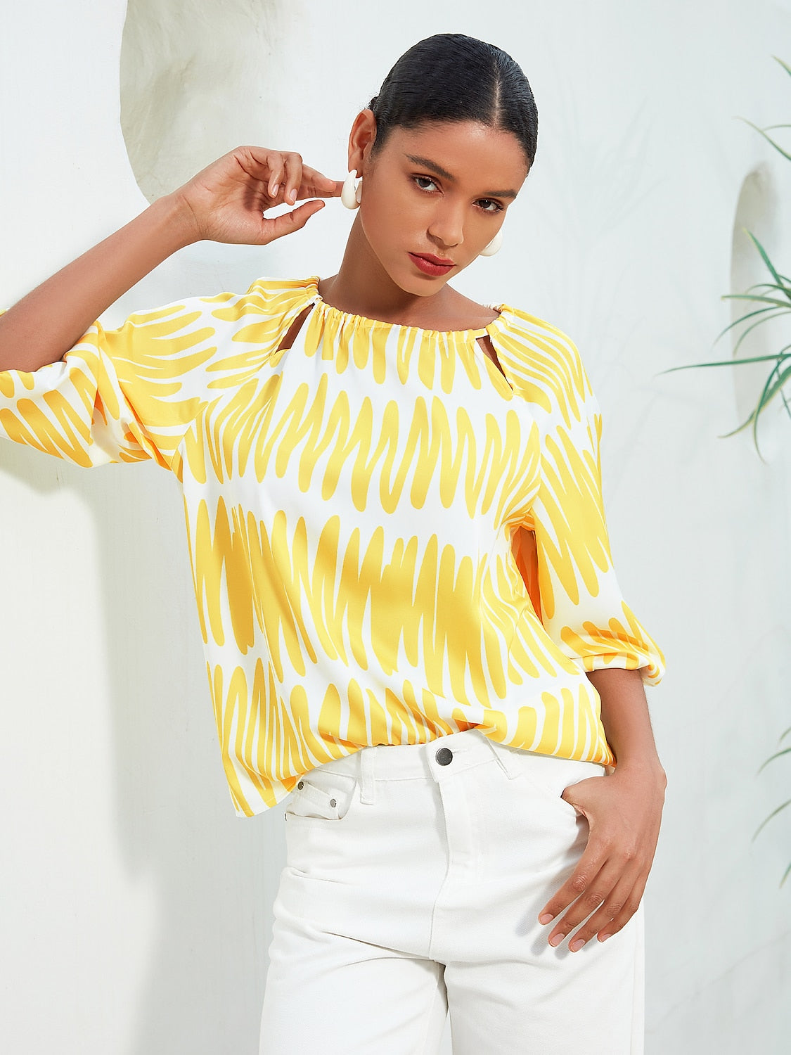 Satin Puff Hollow Out Raglan Shirt