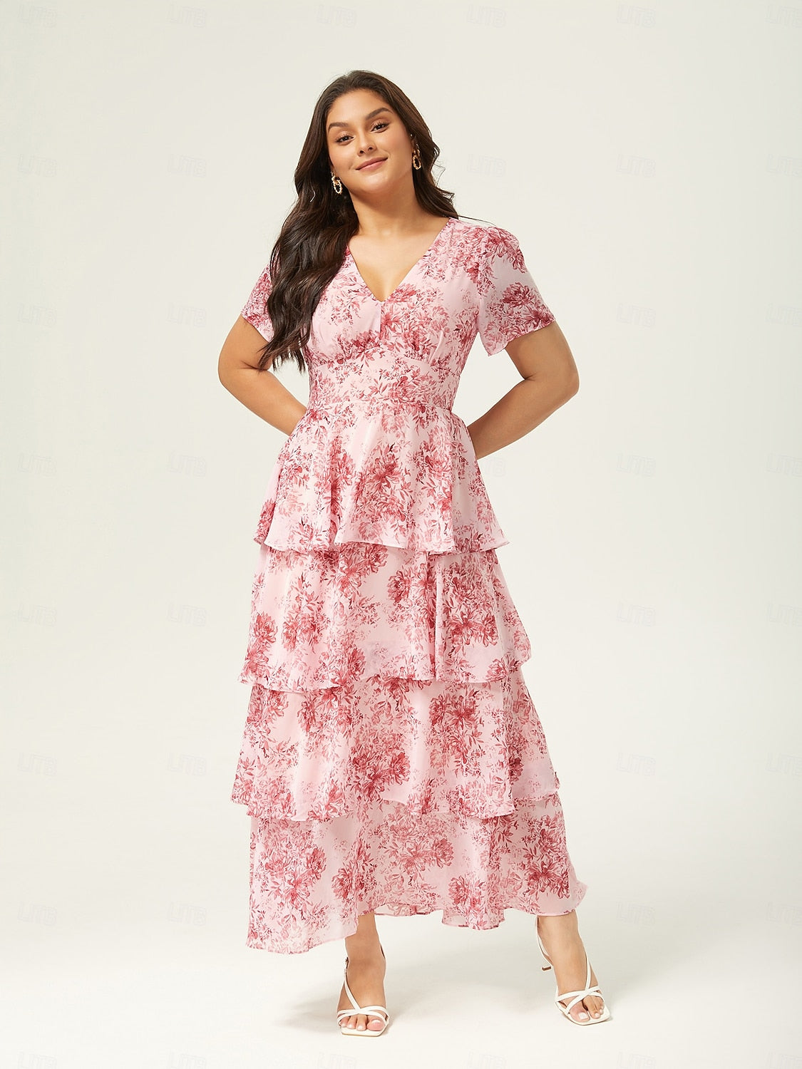 Floral Chiffon Maxi Dress A Line Tiered Ruffle Cake