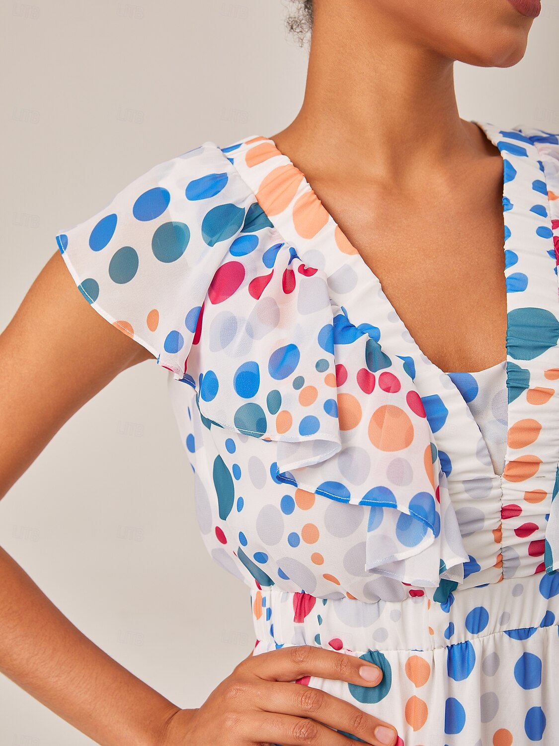 Colorful Polka Dot Chiffon Ruffled Waisted Dress