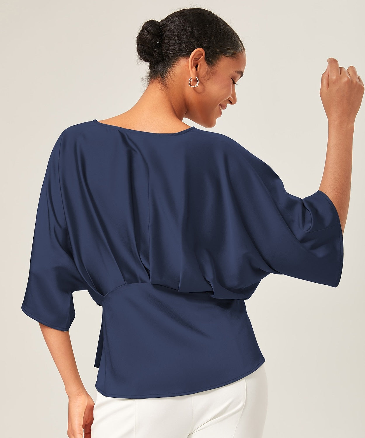 Satin Dolman Sleeve Inverted Pleat V-Neck Top