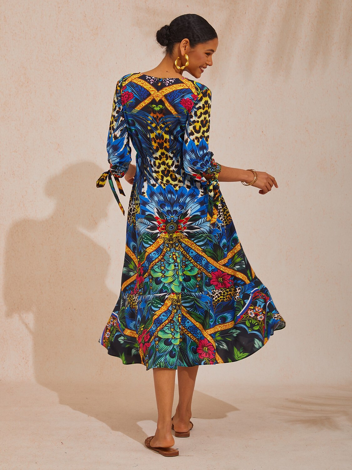 Vacation Jungle Peacock Print Fitted Waist Cotton Feel Maxi Dress