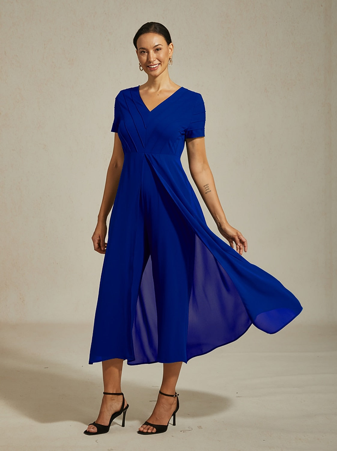 Paneled Design Faux Flowy Sheer Stretch Fabric Jumpsuit