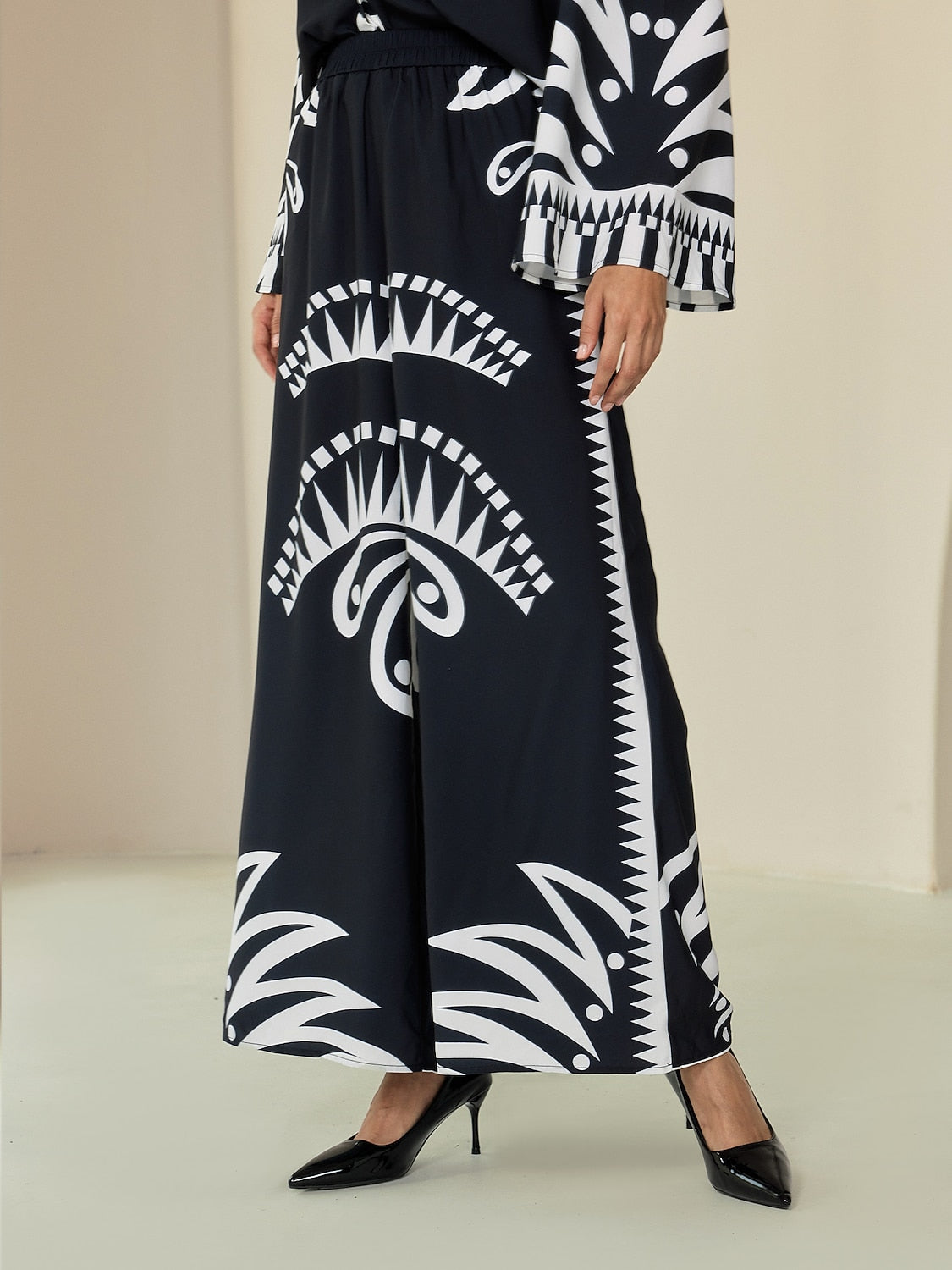 Wide Leg Pants Black Satin Full Length Printing