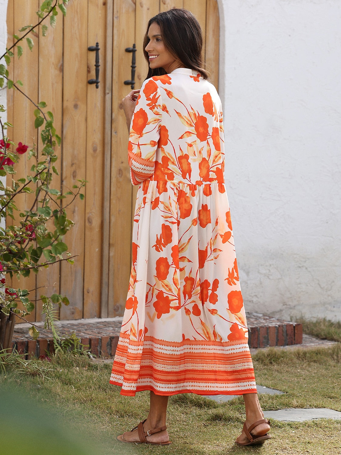 Maxi Dress Satin Loose Stand Collar Floral