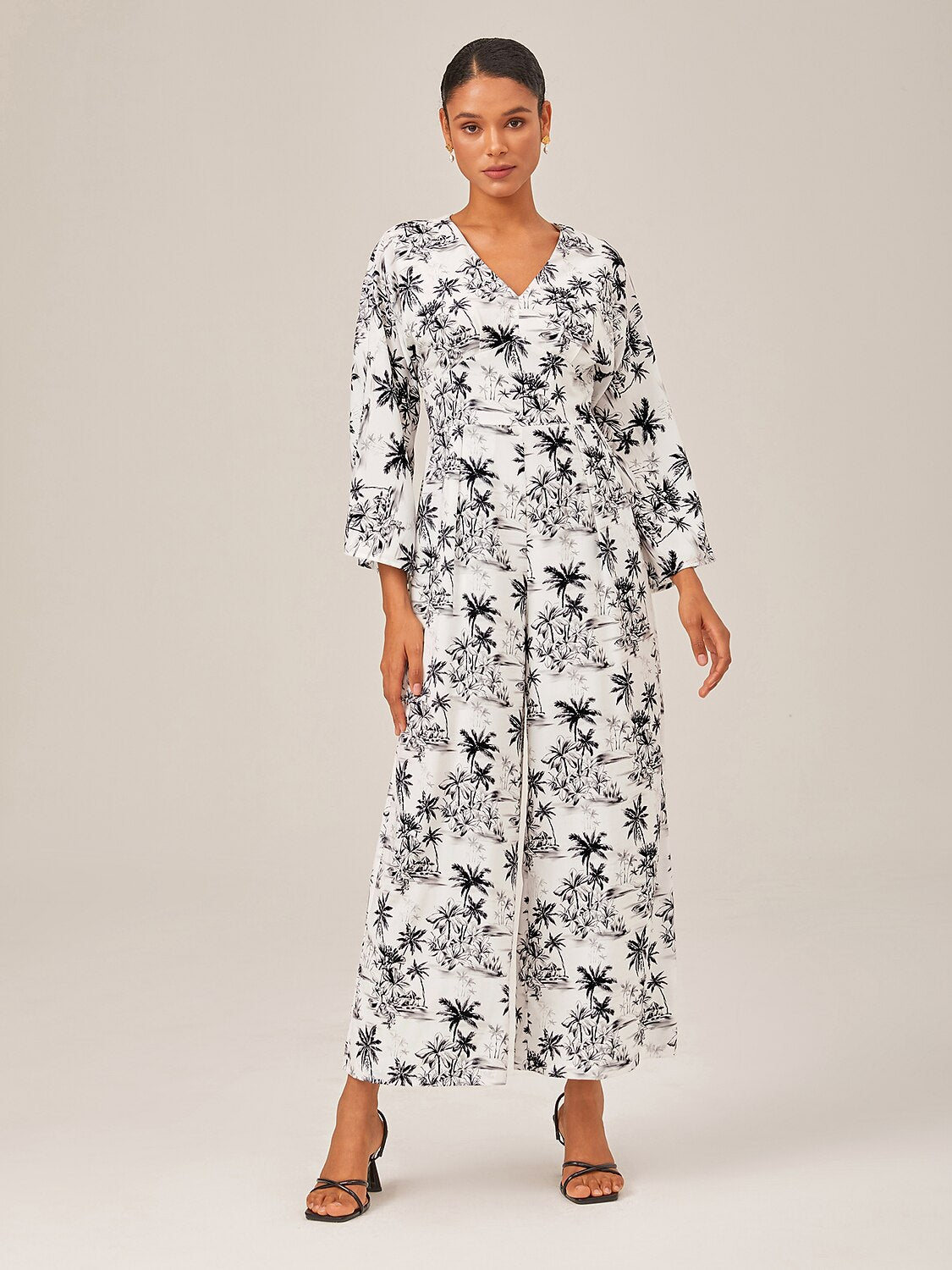 Palm Tree Print Vacation Style Satin Jumpsuit