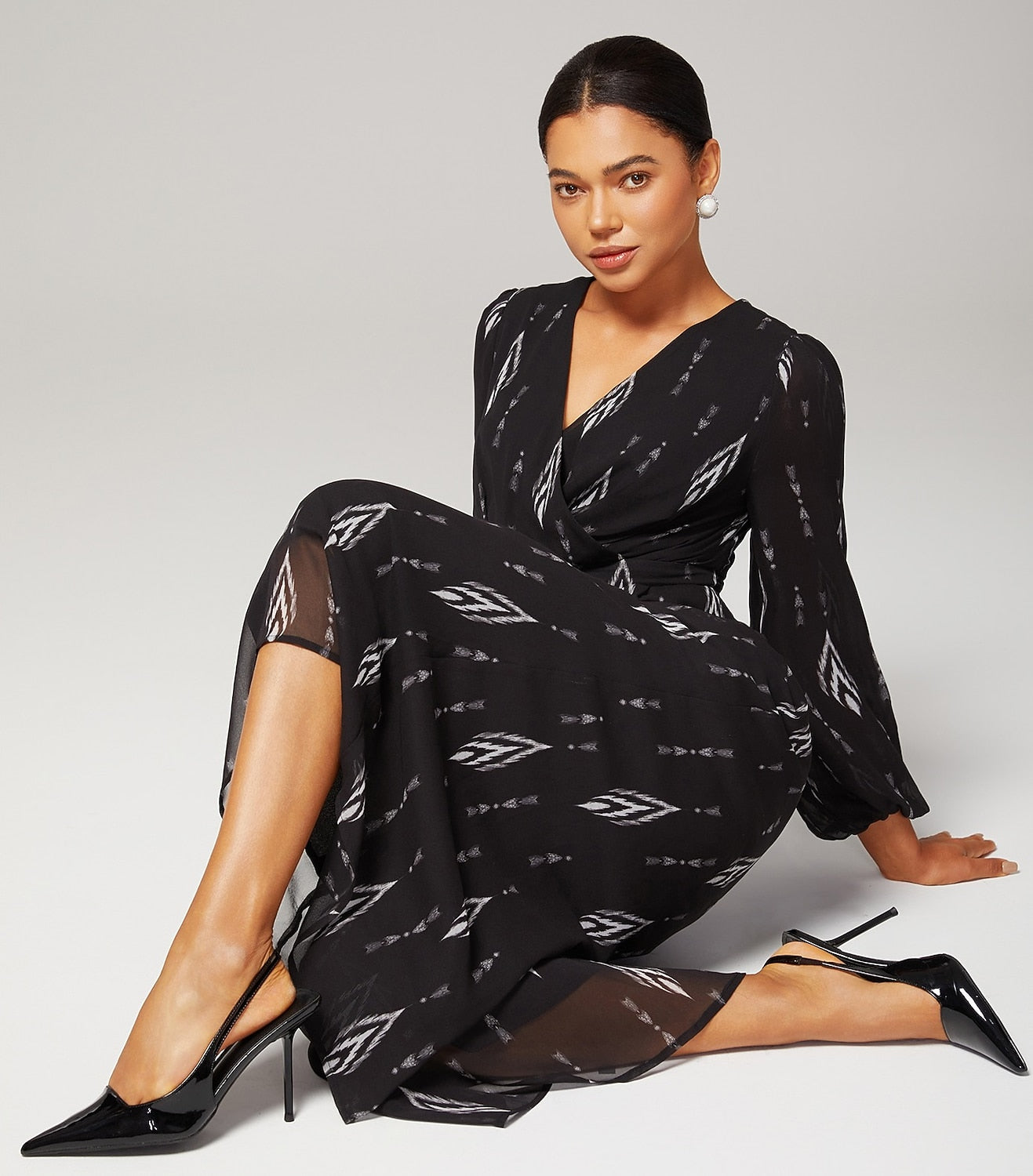 Jumpsuit Black Chiffon Printed Wide Leg Waist Cinching