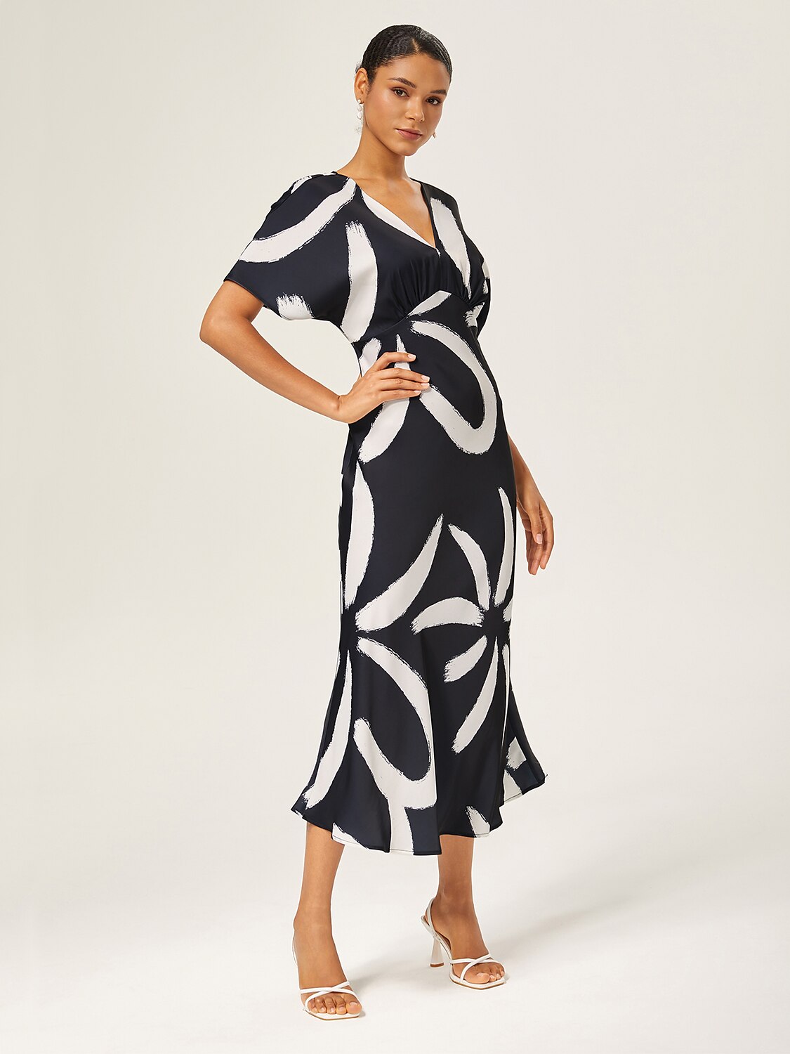 Maxi Dress Coffee Abstract Floral Print Satin