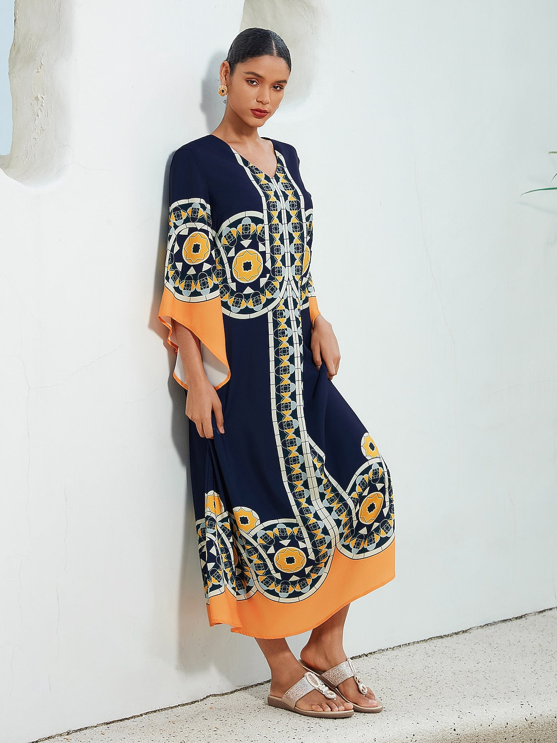 Satin Folk Print Maxi Dress