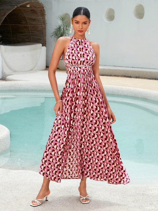 Dress Maxi Rayon Geometric Print Lace Trim