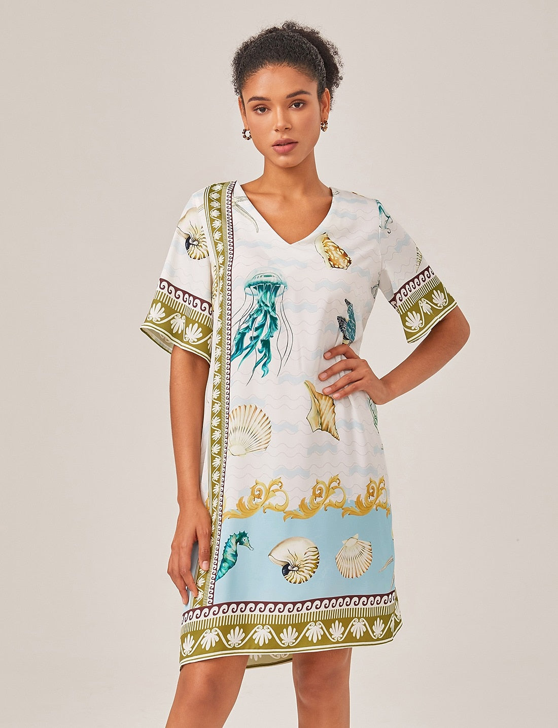 Resort-Style Ocean Print Straight-Cut Dress