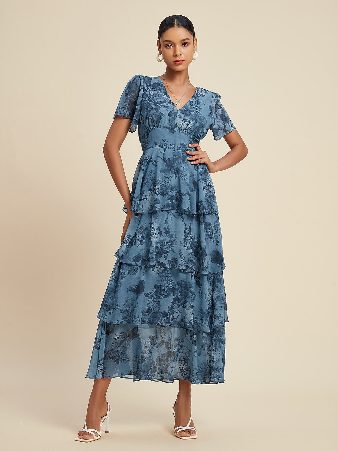 Floral Chiffon Maxi Dress A Line Tiered Ruffle Cake