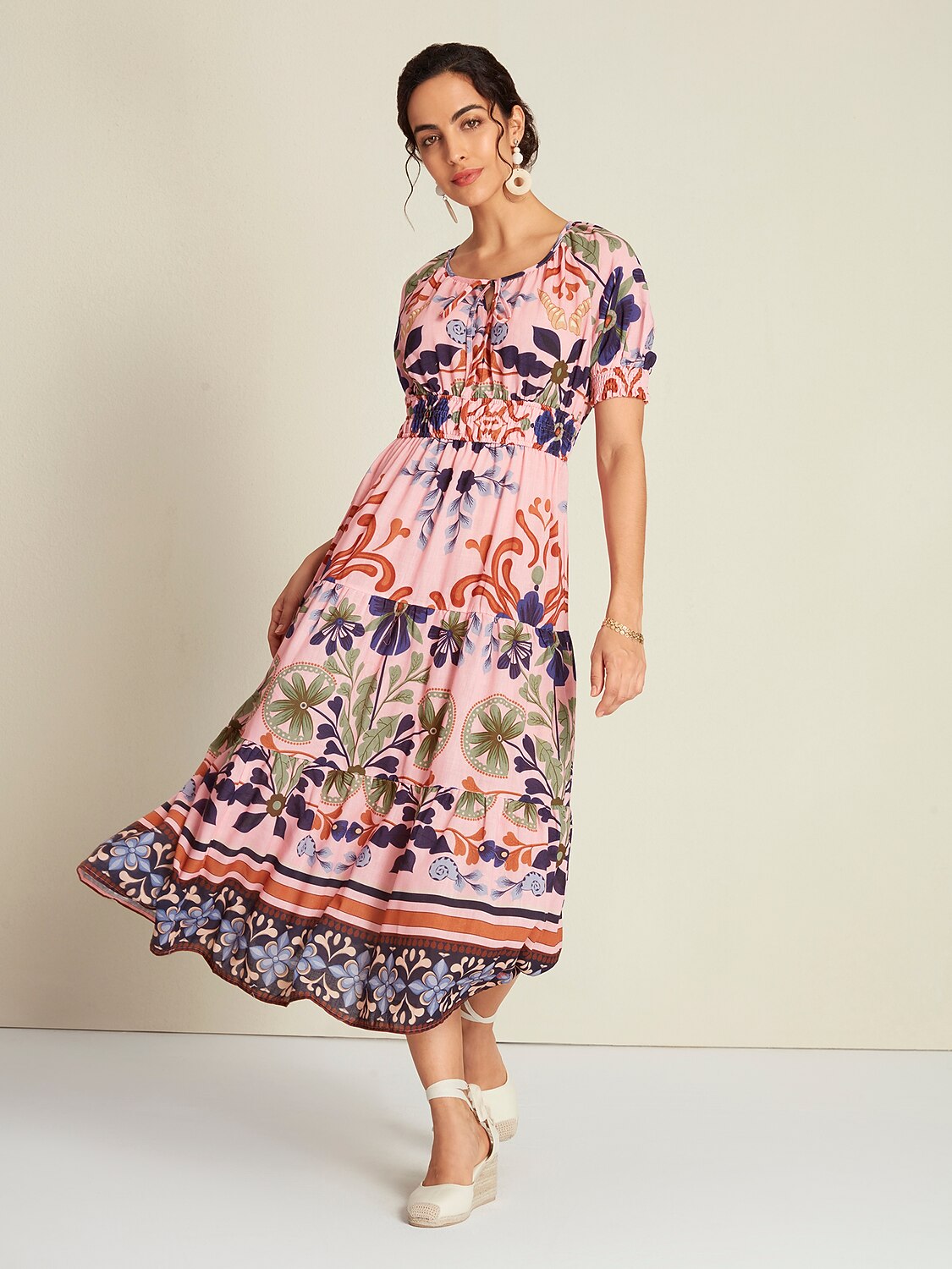 Floral Lace Up Short Midi Dress