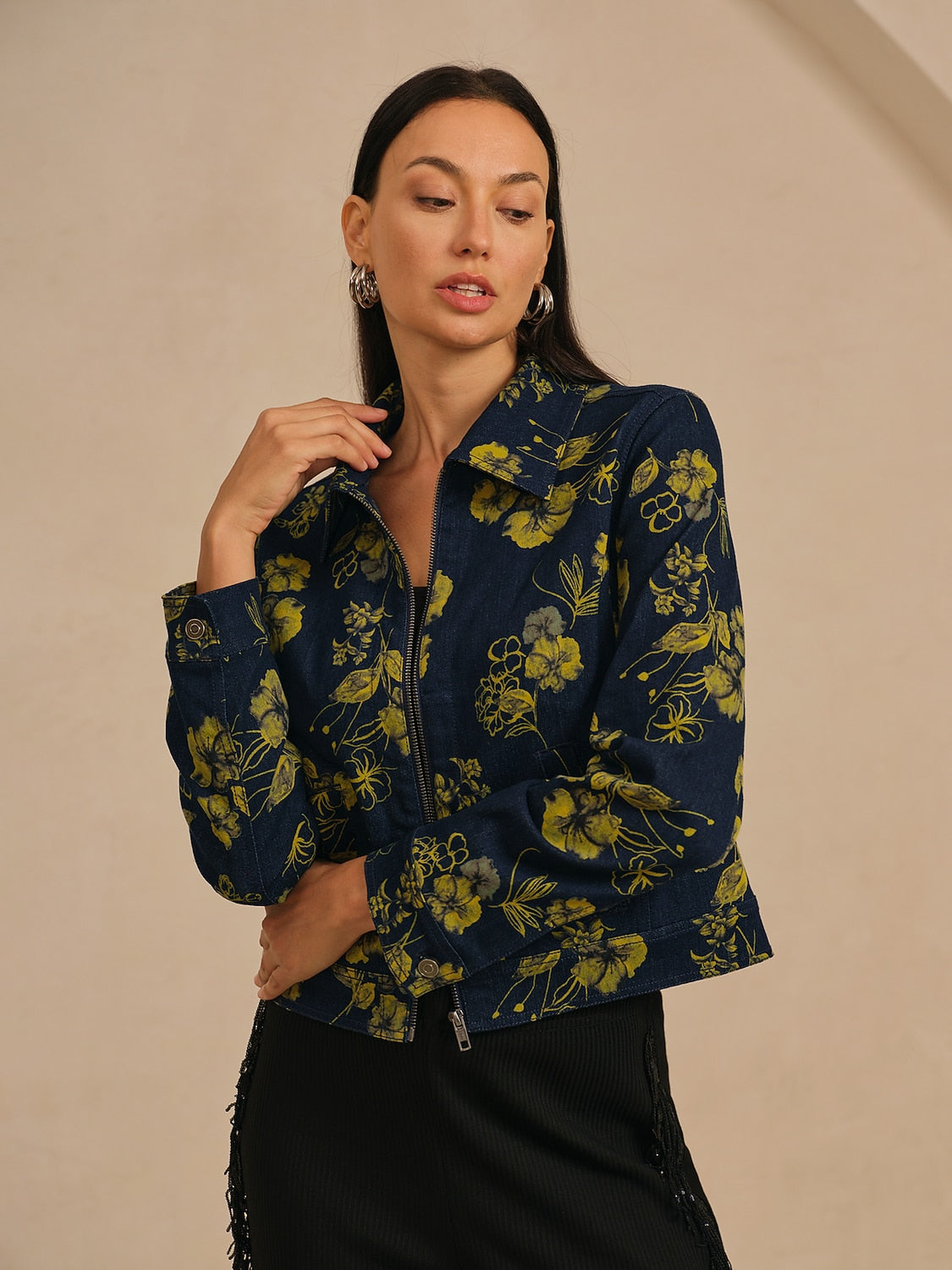 Jacket Denim Fabric Yellow Floral Pattern Turn Down Collar