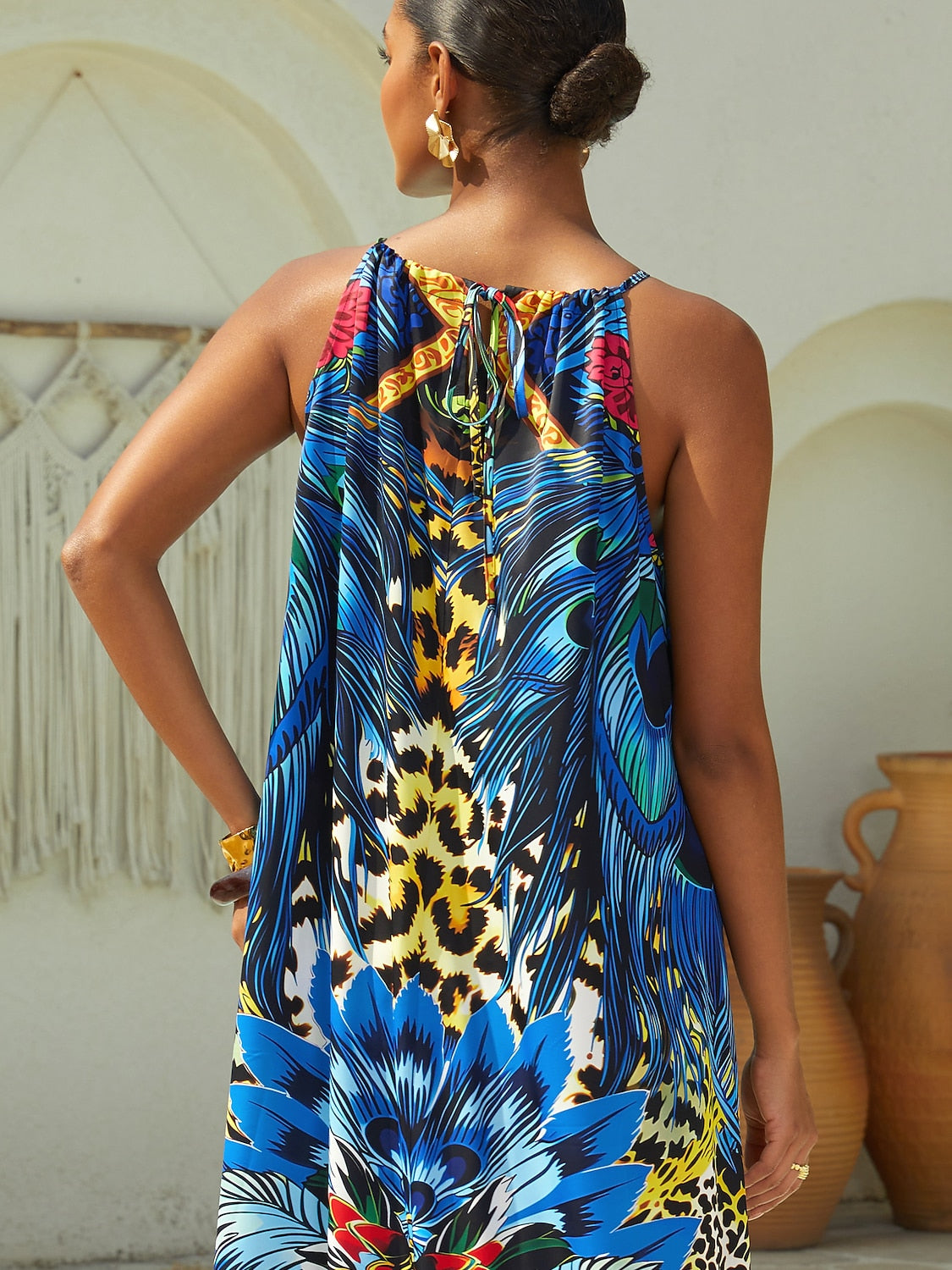 Vacation Feather Leopard Print Sleeveless Satin Camisole Maxi Dress
