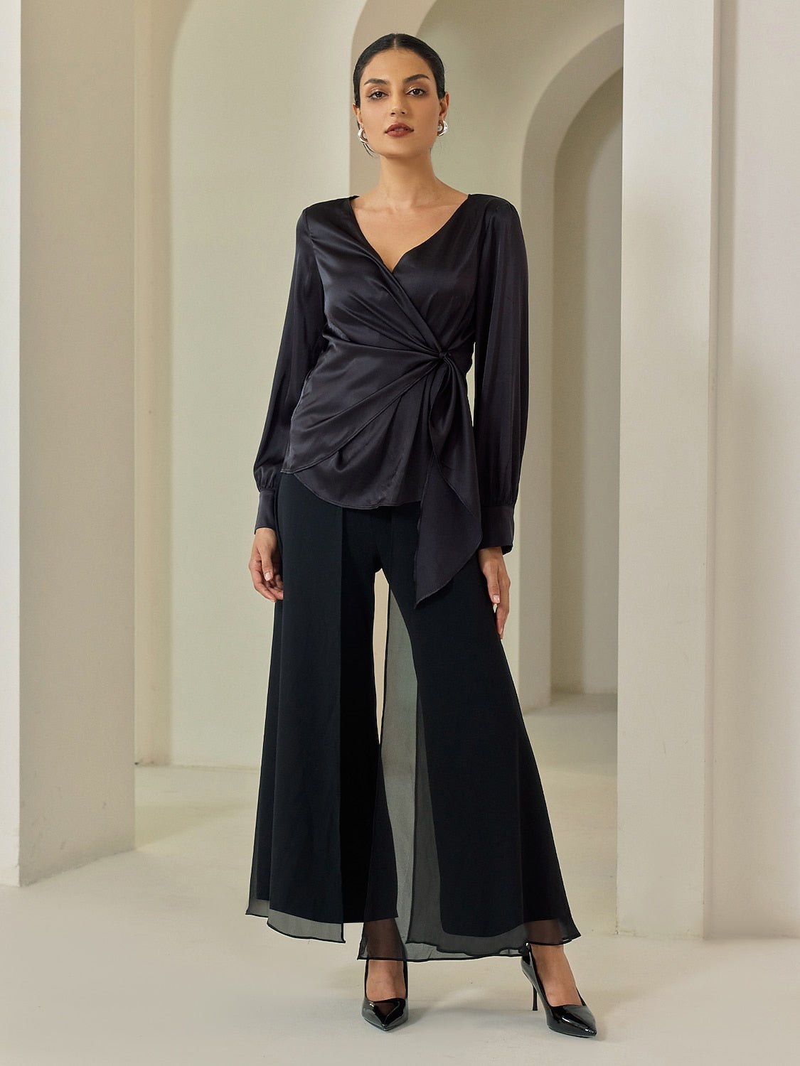 Black Full Length Chiffon High Elasticity Palazzo Pants