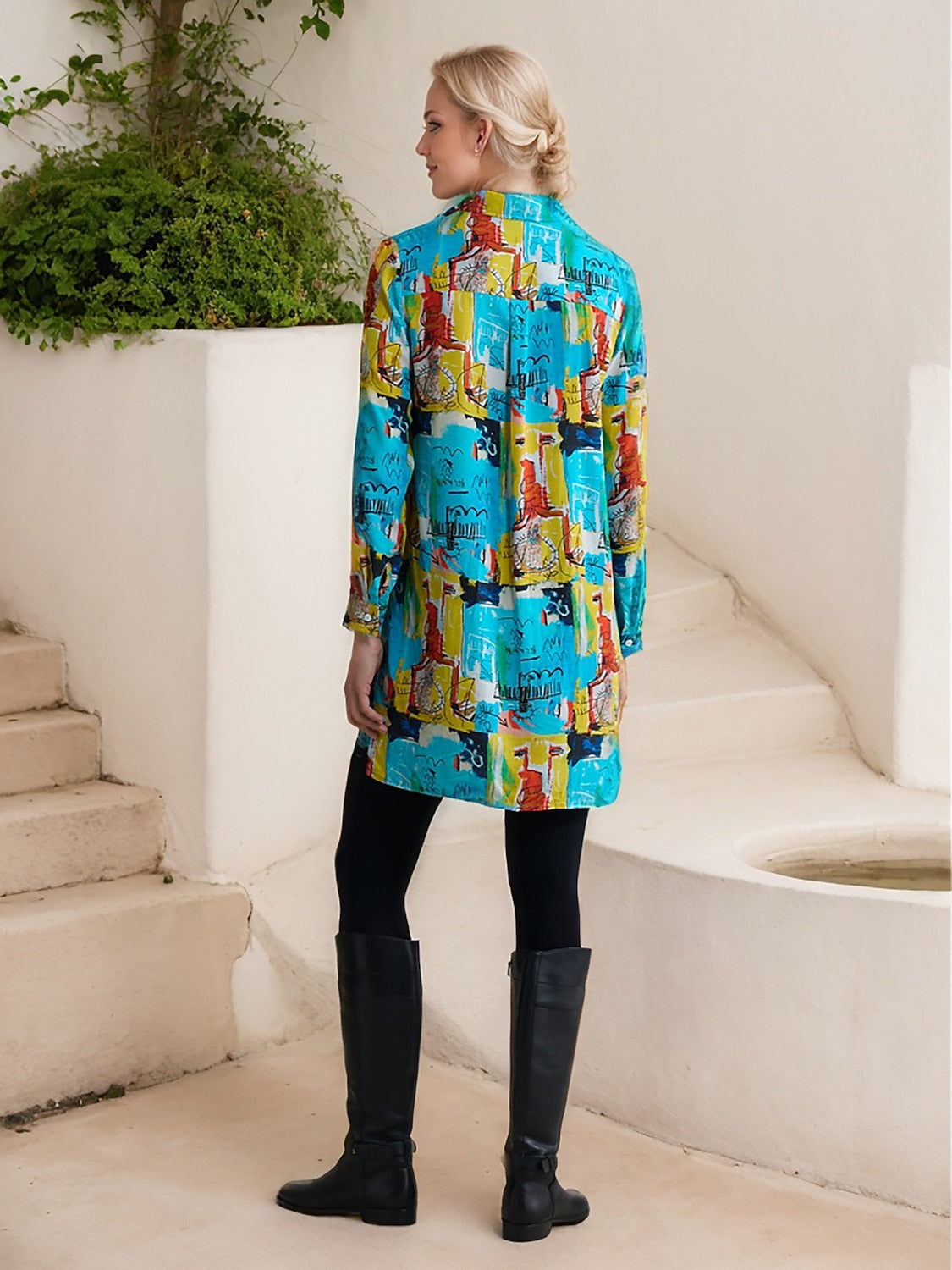 Rayon Graffiti Cuff Lapel Mini Shirt Dress