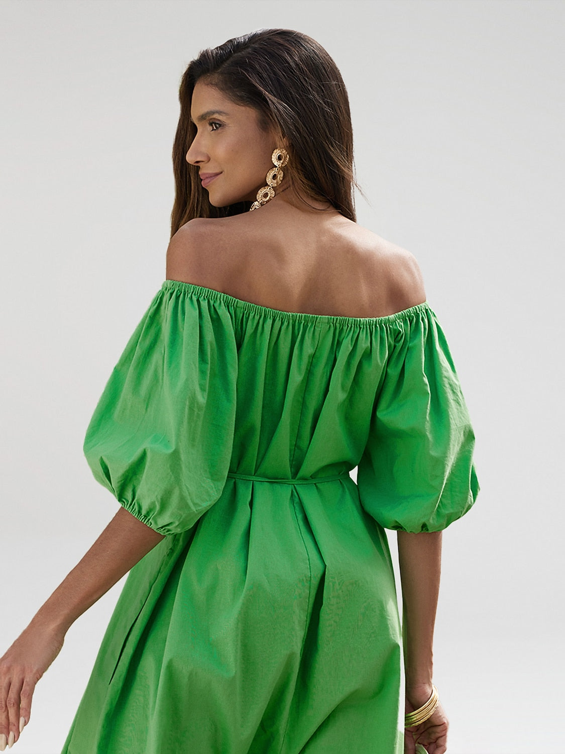 Cotton Resort Maxi Dress Loose Fit Off-Shoulder Puff