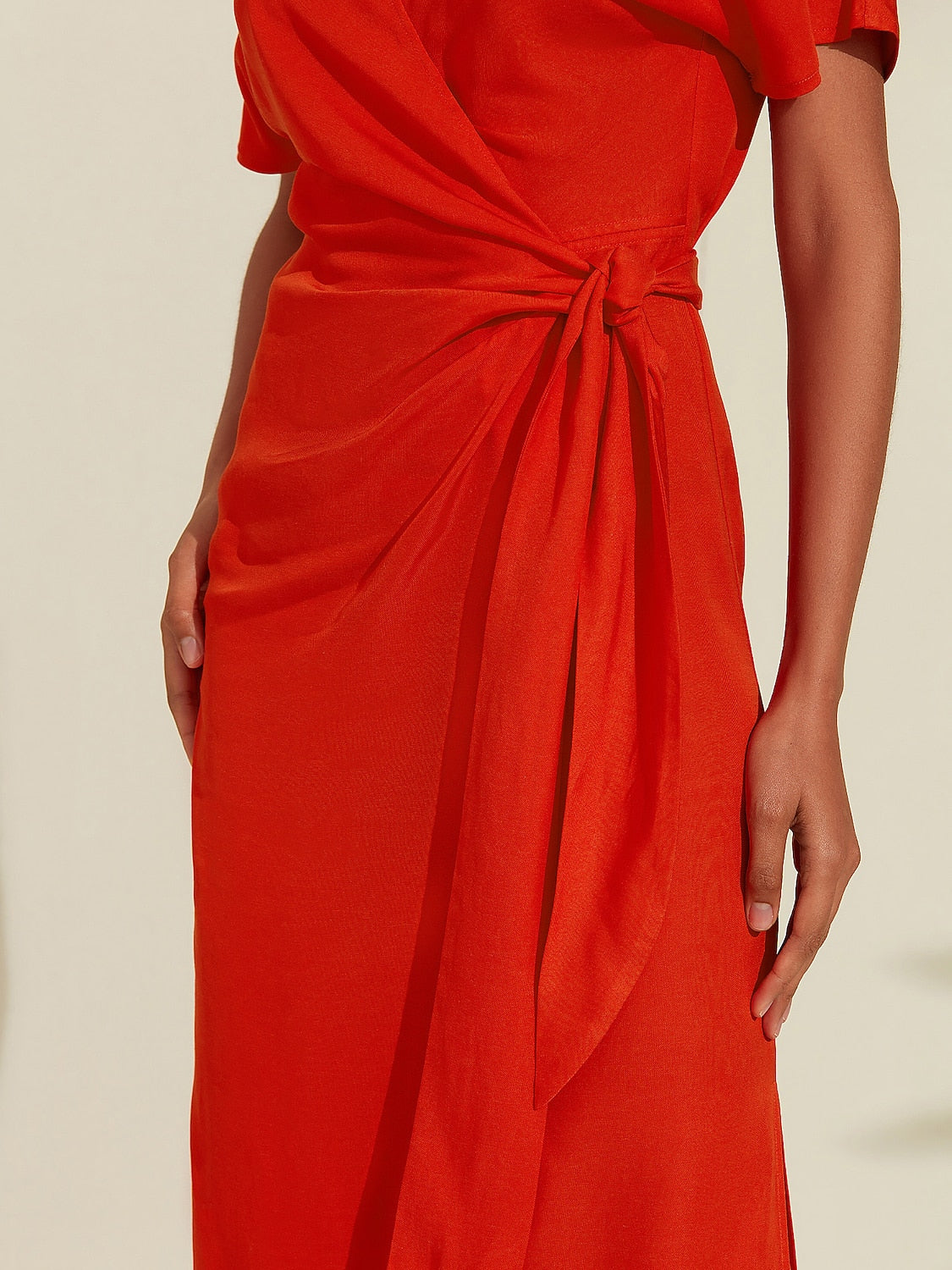 Tencel Linen Orange Red  Shirred Wrap Midi Dress
