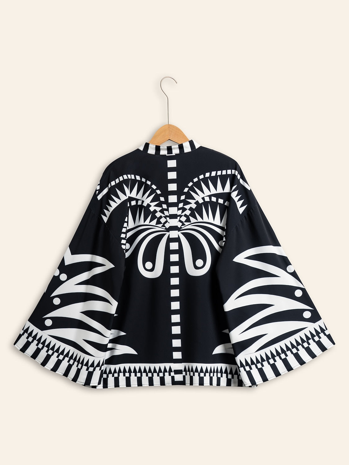 Blouse Black Satin Geometric Print Flare Cuff