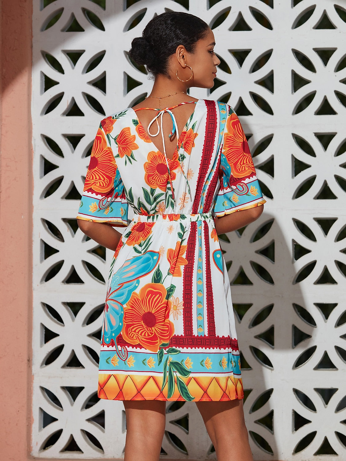 Floral Print Mini Dress Orange Flower Pattern