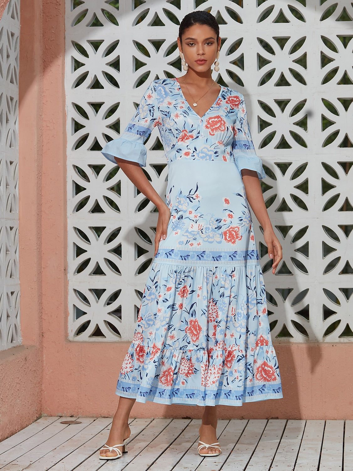 Maxi Dress Satin Floral Printing