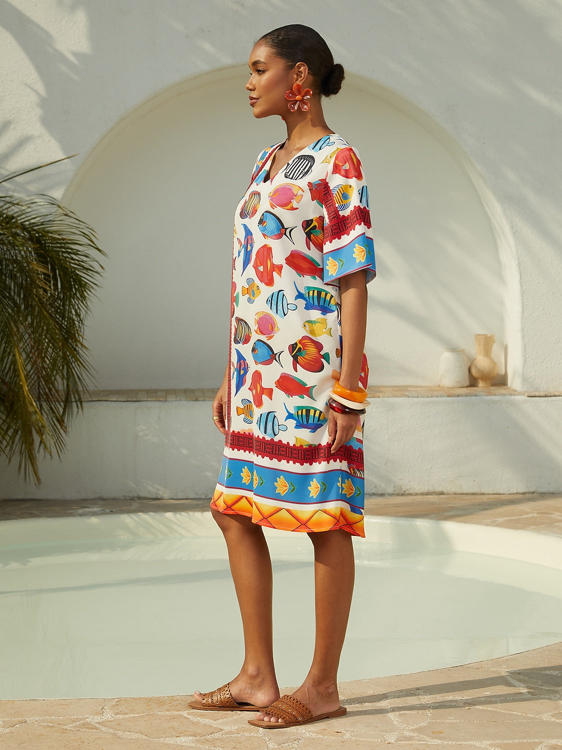 Vacation Ocean Elements Shirred Satin Mini Dress