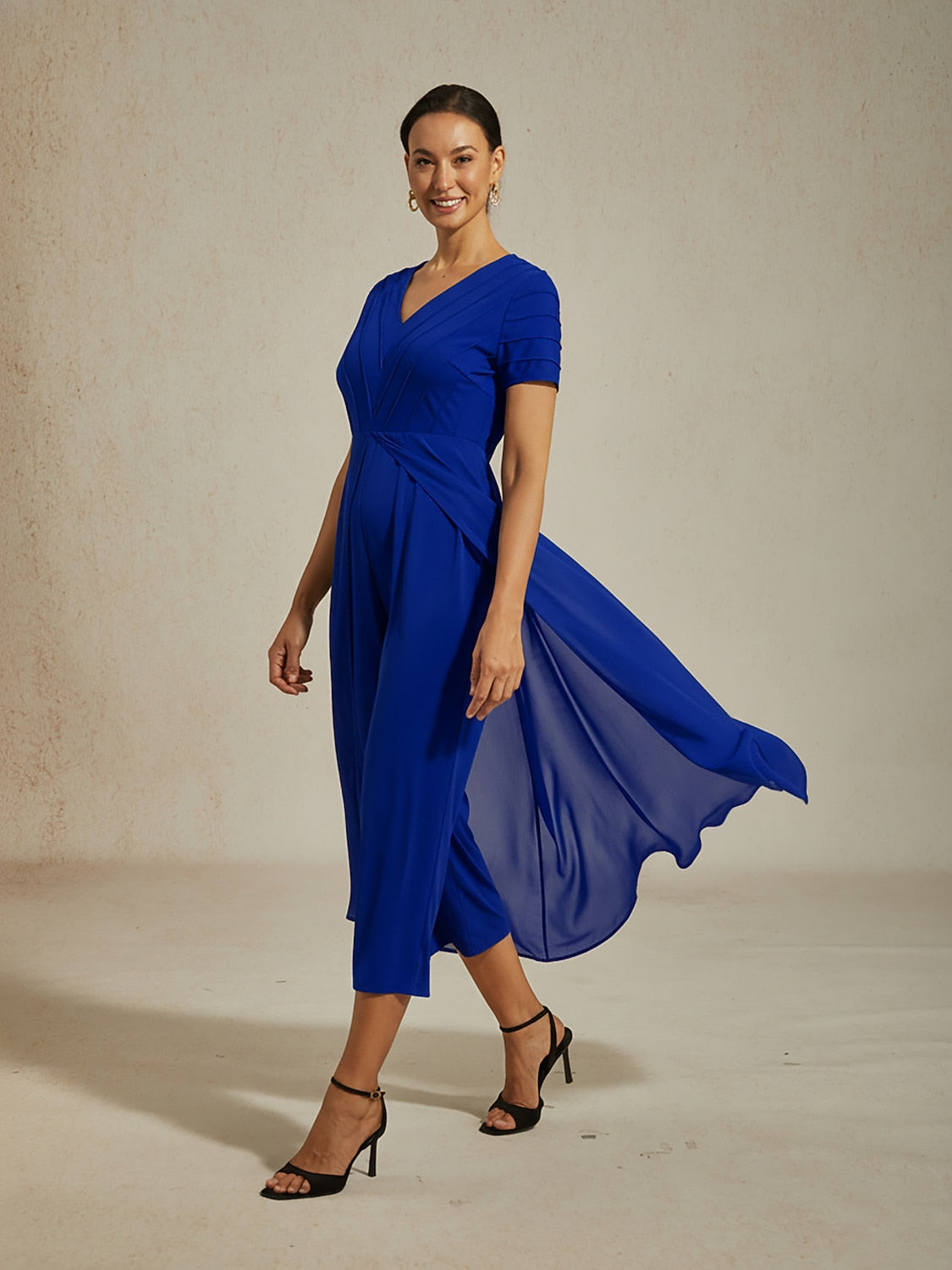 Paneled Design Faux Flowy Sheer Stretch Fabric Jumpsuit