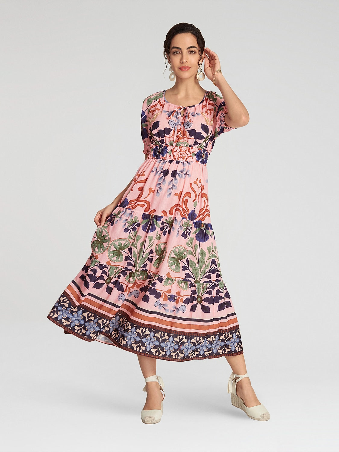 Floral Lace Up Short Midi Dress