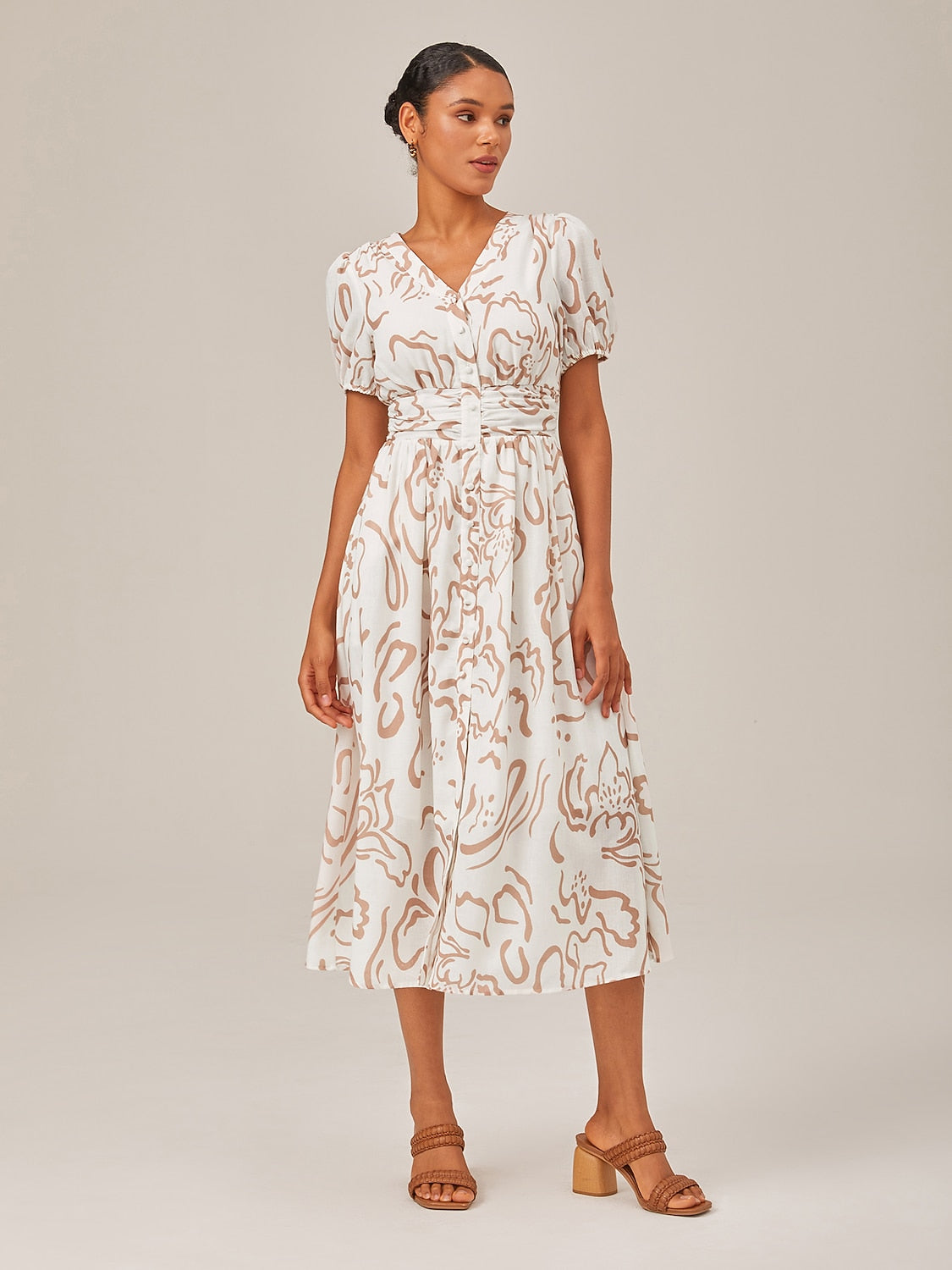 Abstract art print Linen-Like Fabric Waist-Cinching Maxi Dress