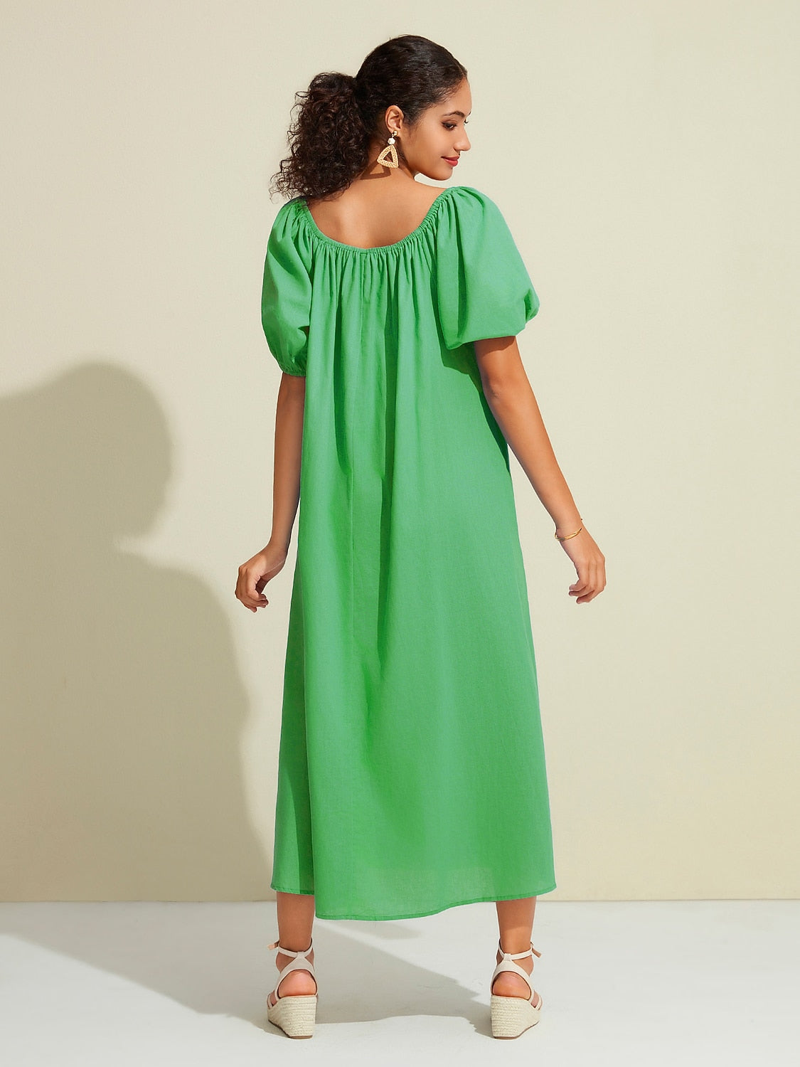 Cotton Resort Maxi Dress Loose Fit Off-Shoulder Puff