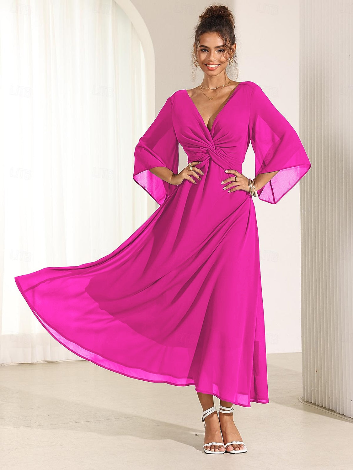 Chiffon Plain Ruffle Twisted Maxi Dress