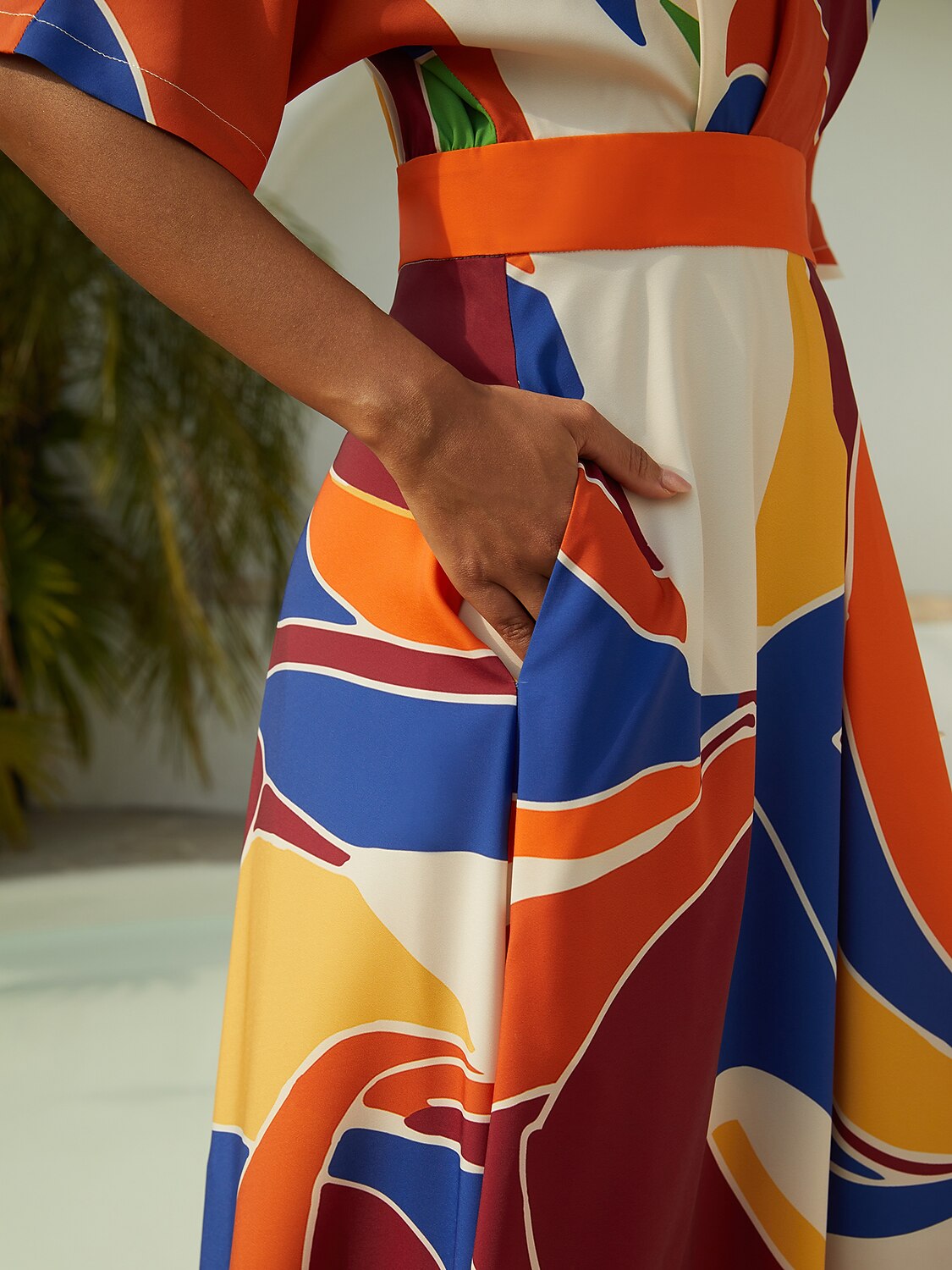 Vacation Geometric Color Block Print Satin Maxi Dress