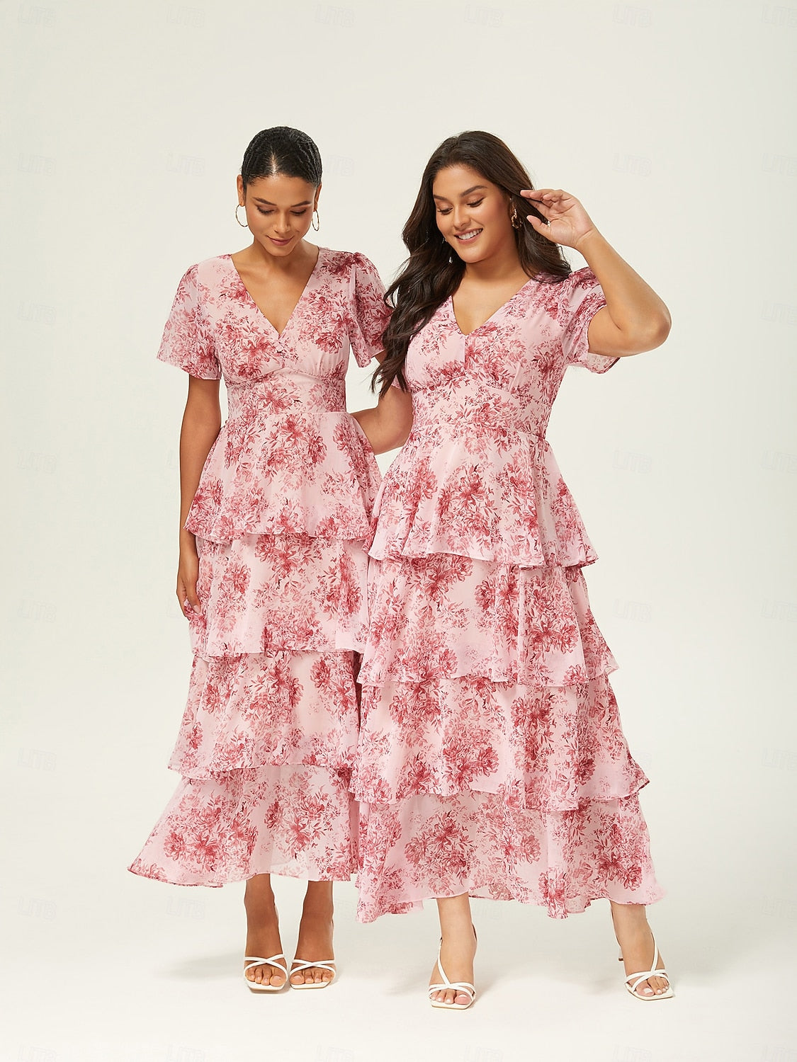 Floral Chiffon Maxi Dress A Line Tiered Ruffle Cake