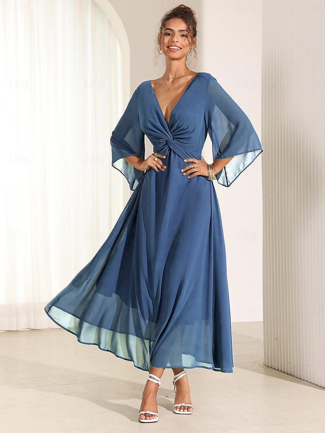 Chiffon Plain Ruffle Twisted Maxi Dress