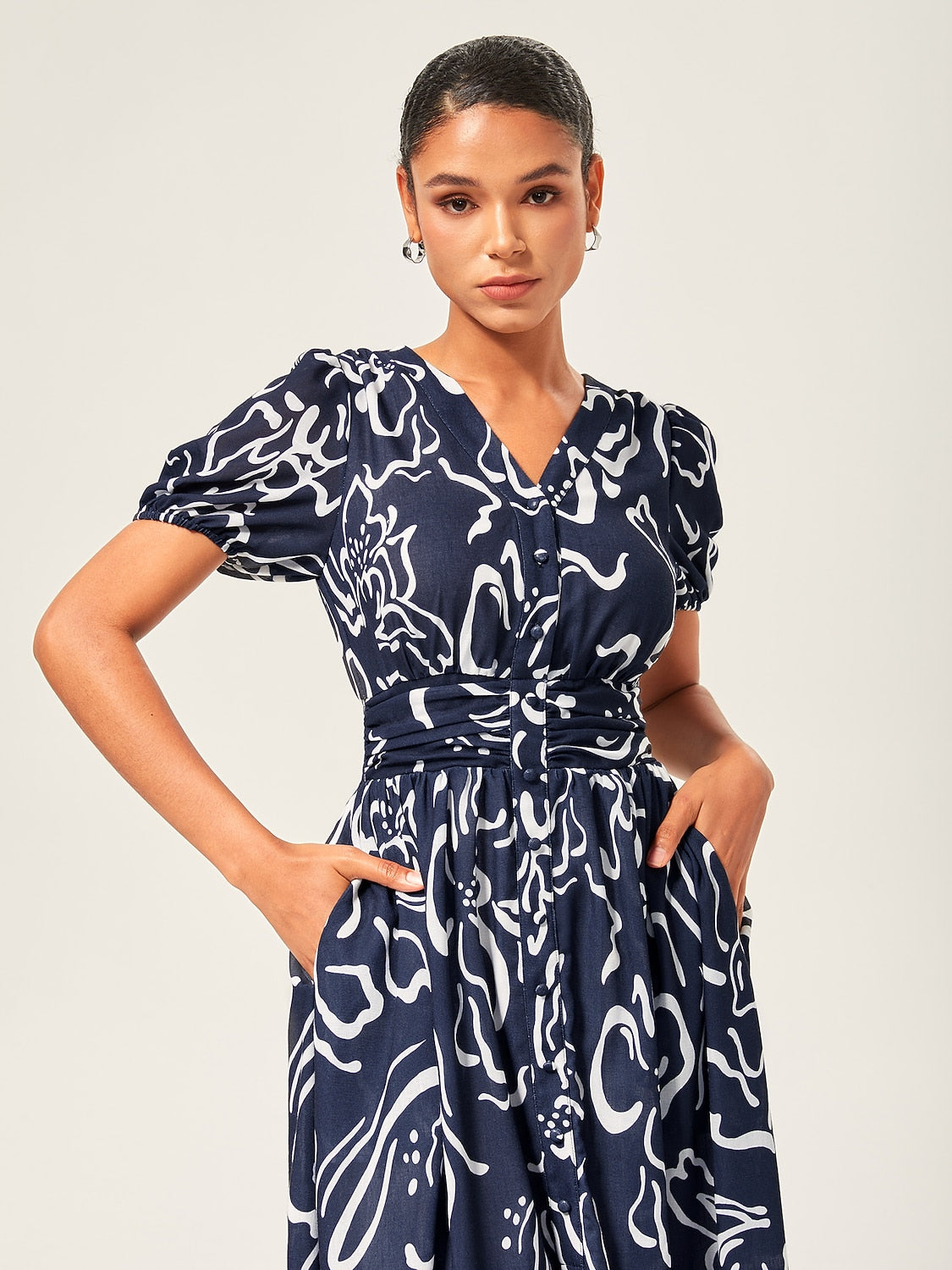 Abstract art print Linen-Like Fabric Waist-Cinching Maxi Dress