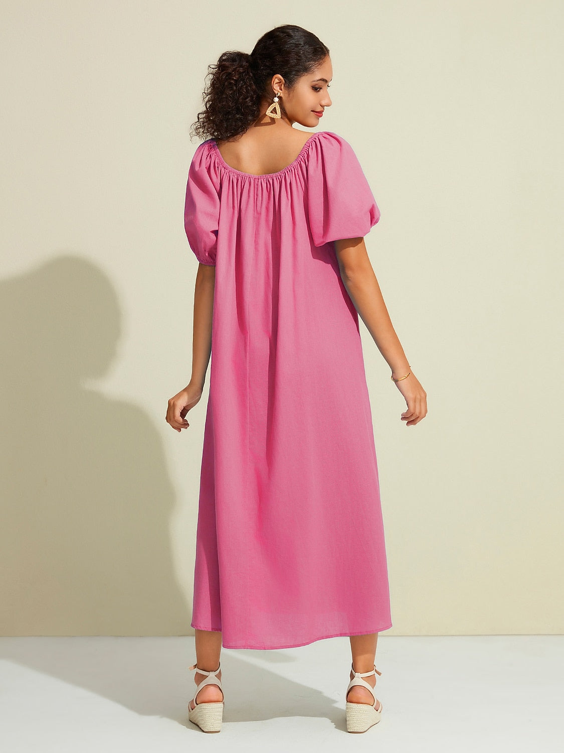 Cotton Resort Maxi Dress Loose Fit Off-Shoulder Puff