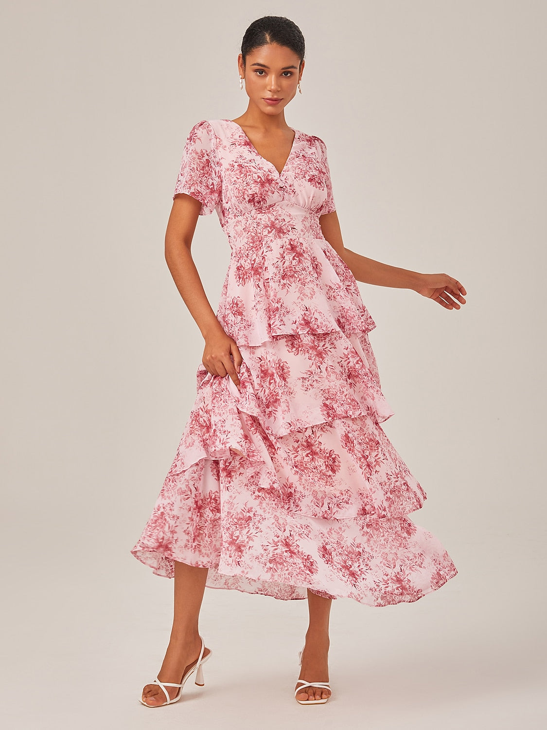Floral Chiffon Maxi Dress A Line Tiered Ruffle Cake