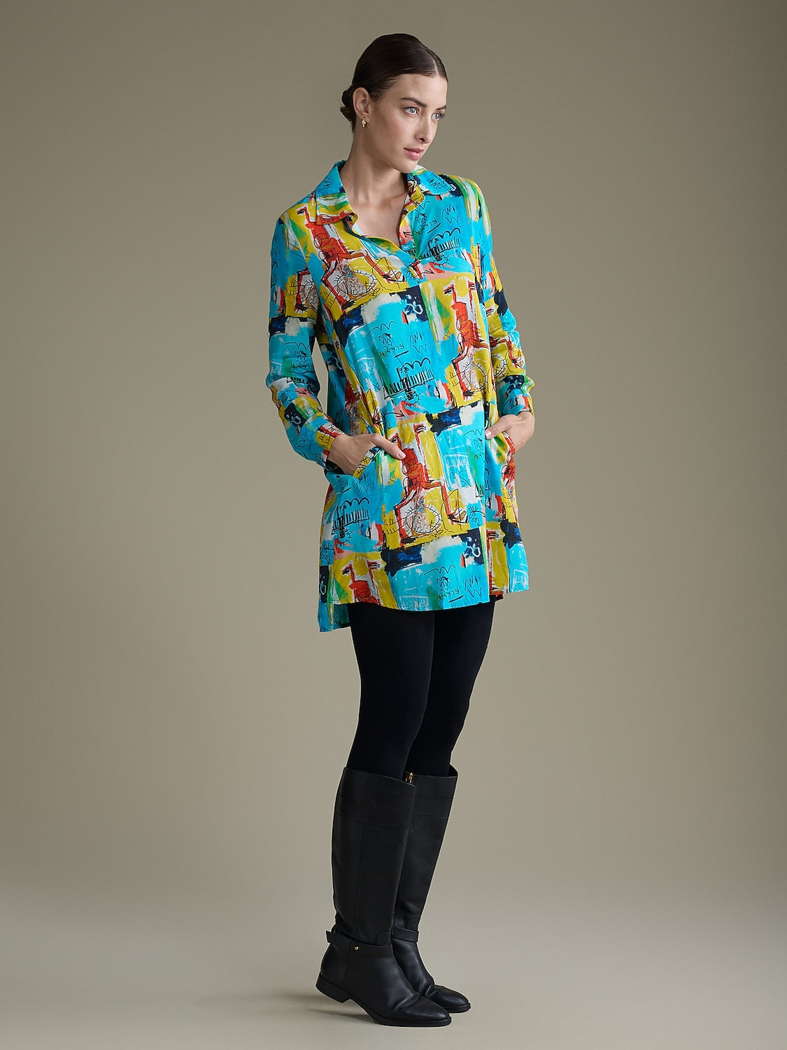 Rayon Graffiti Cuff Lapel Mini Shirt Dress