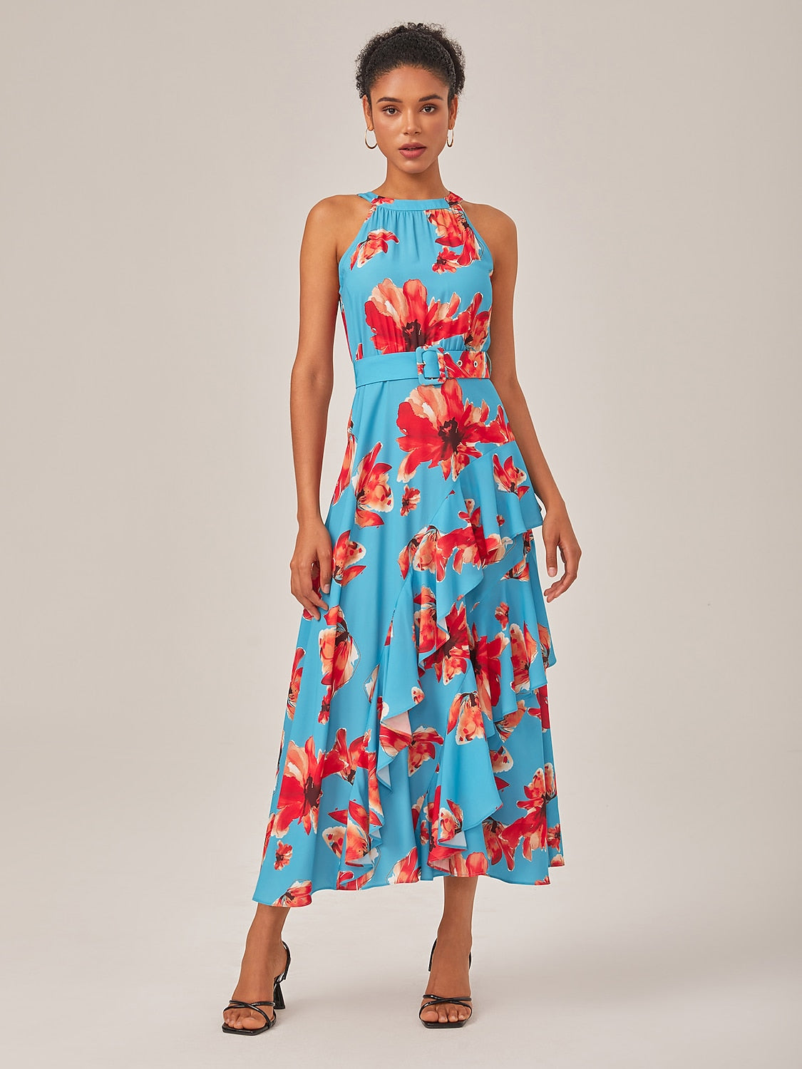 Floral Ruffle Chiffon Maxi Dress