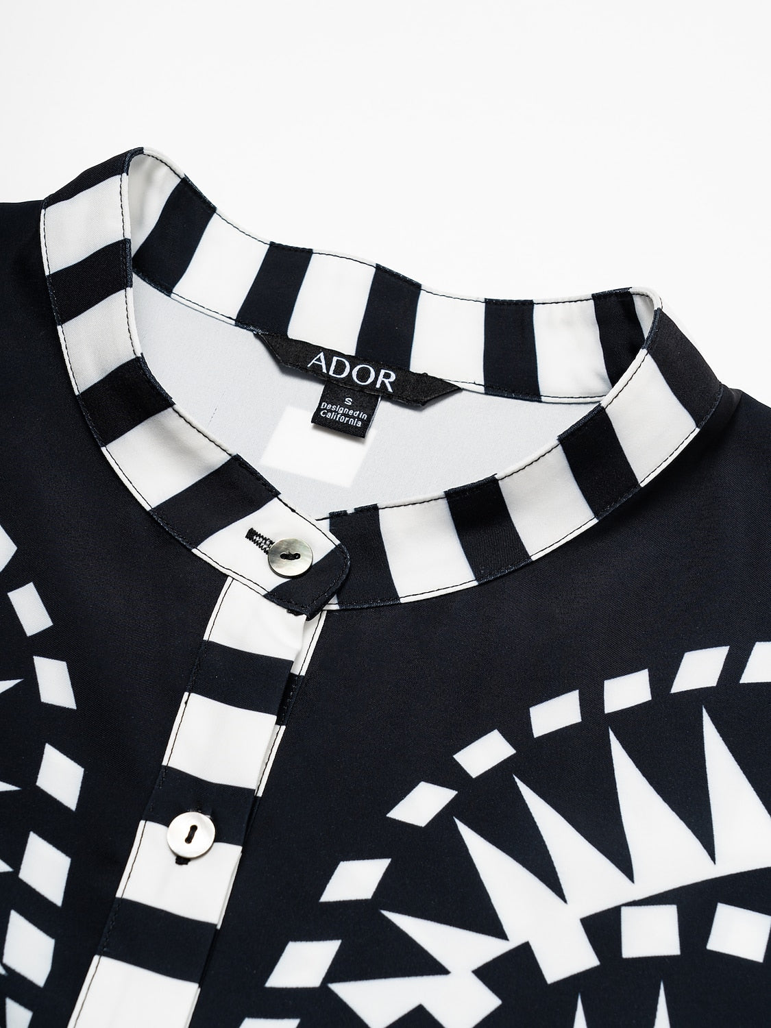 Blouse Black Satin Geometric Print Flare Cuff