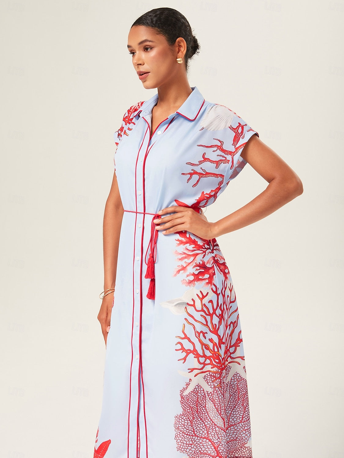 Loose Color-Block Coral Shirt Dress