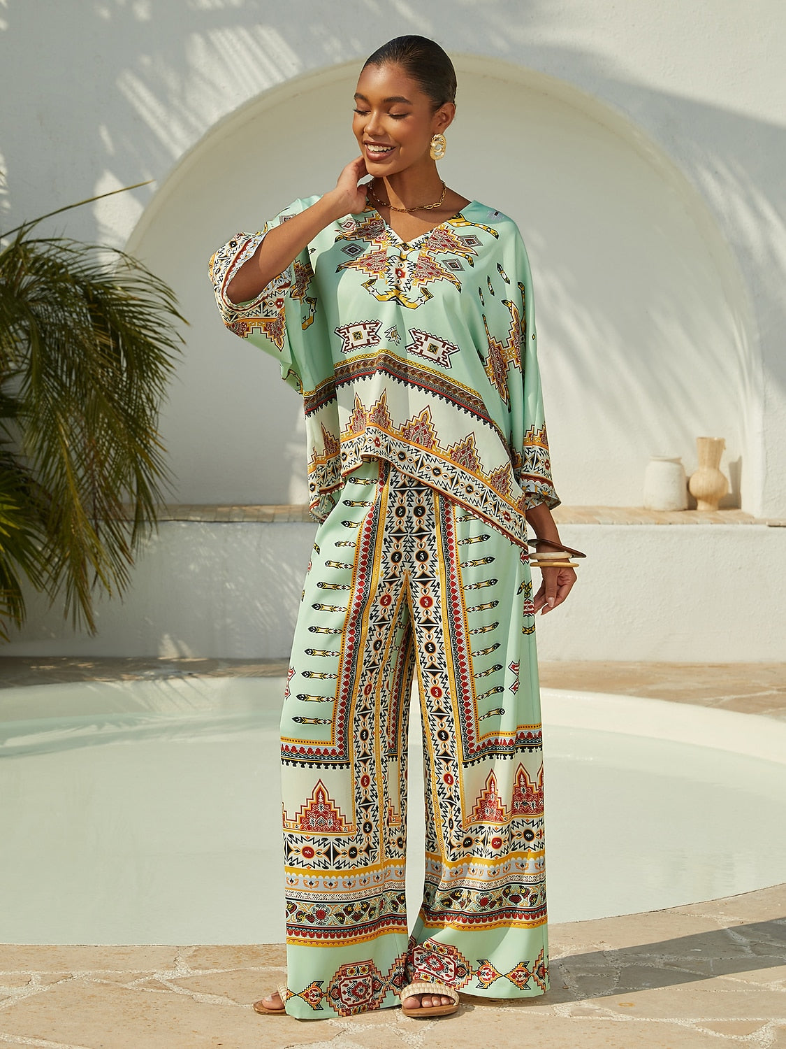 Vacation Vintage Geometric Print Satin Dolman Sleeve Short Top