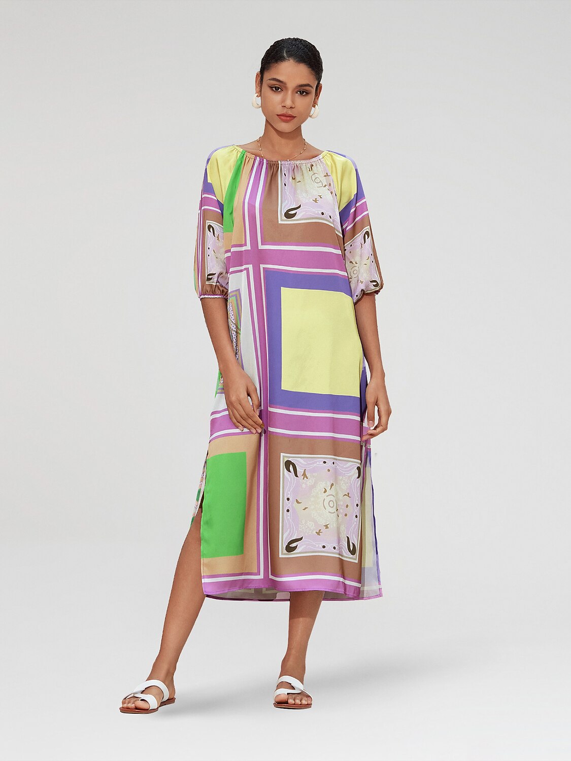 Satin Scarf Geometrical Print Midi Dress
