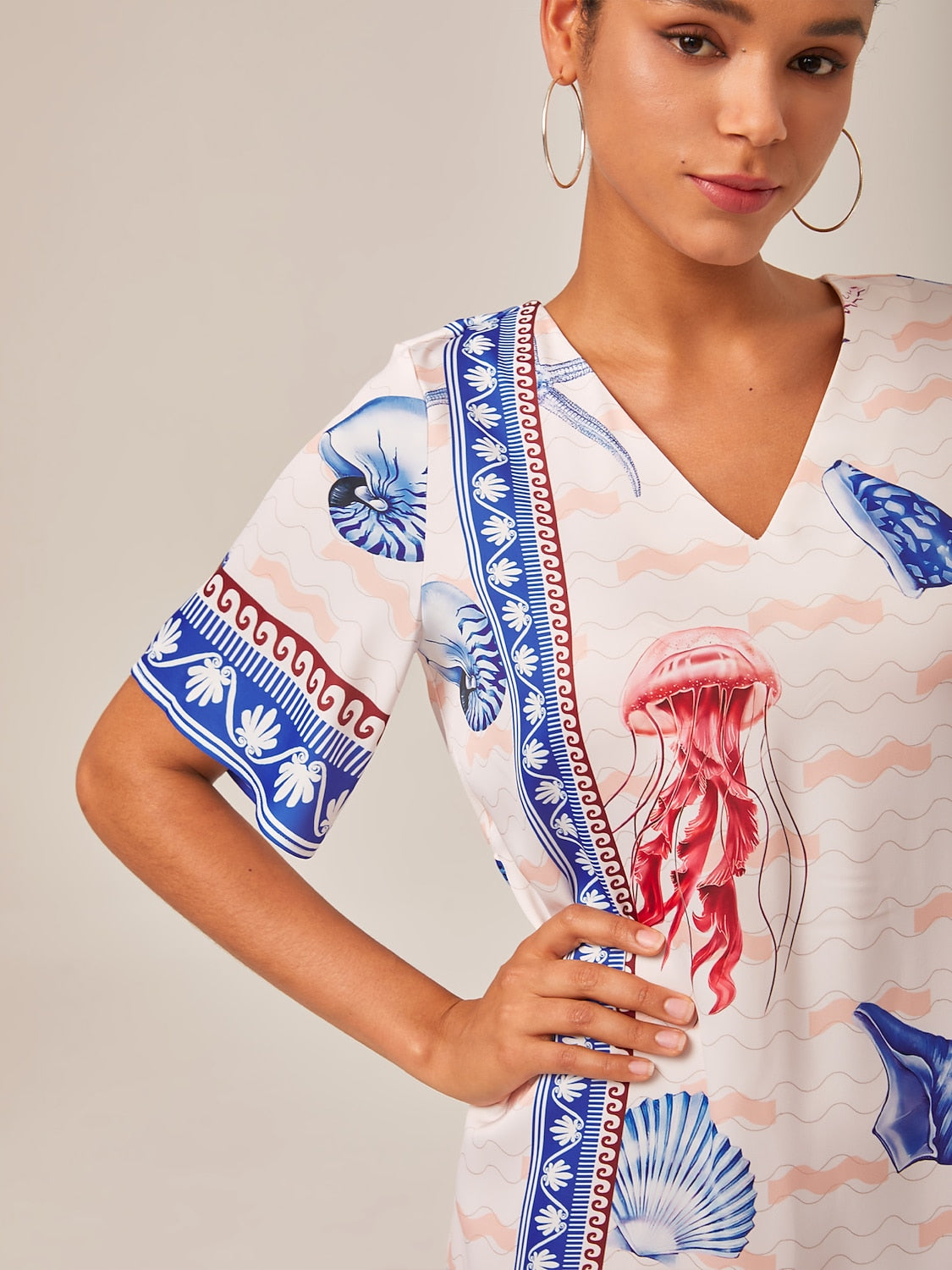 Resort-Style Ocean Print Straight-Cut Dress