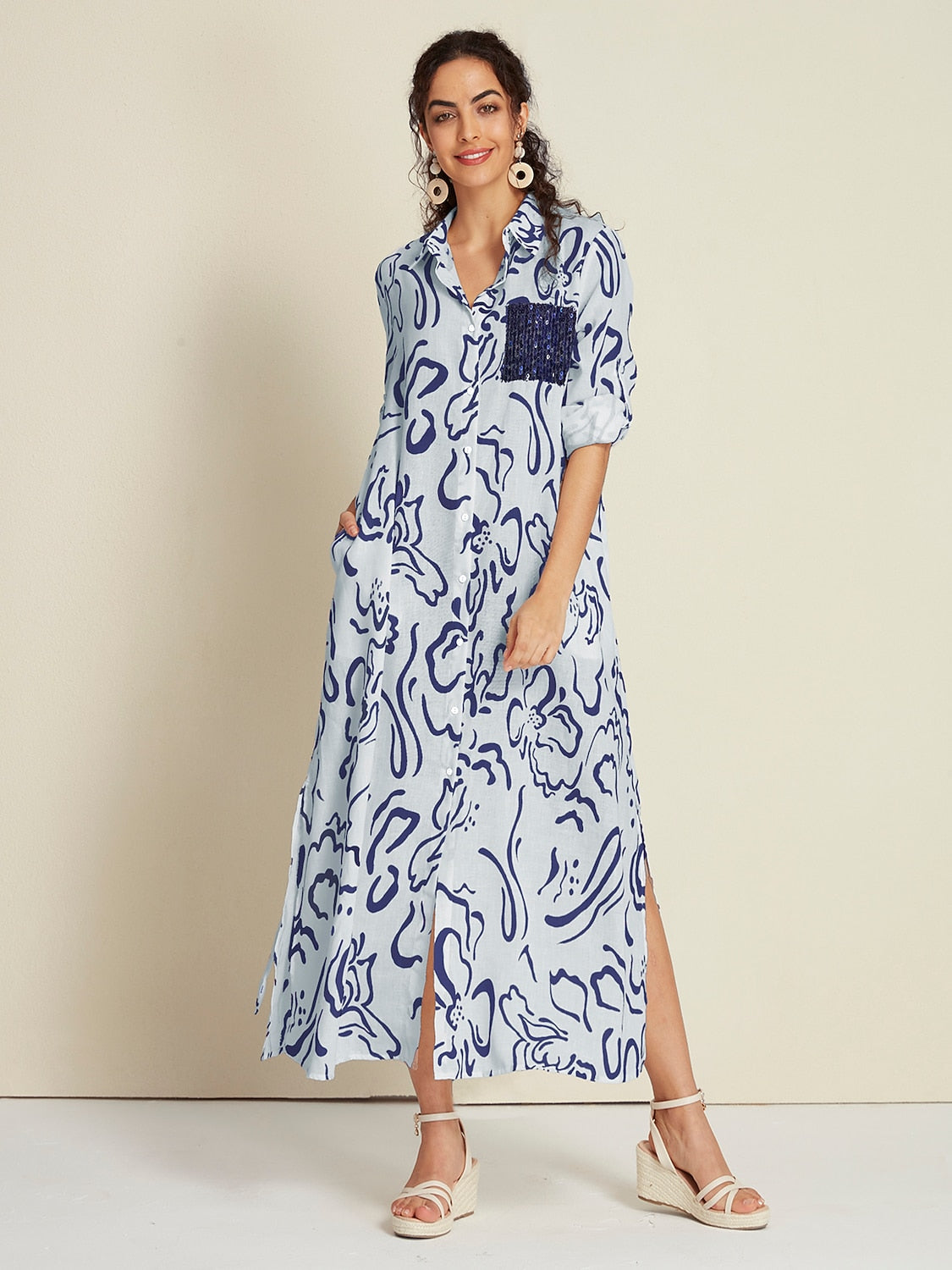 Sequin Apricot Curve Pocket Roll Up Maxi Shirt Dress