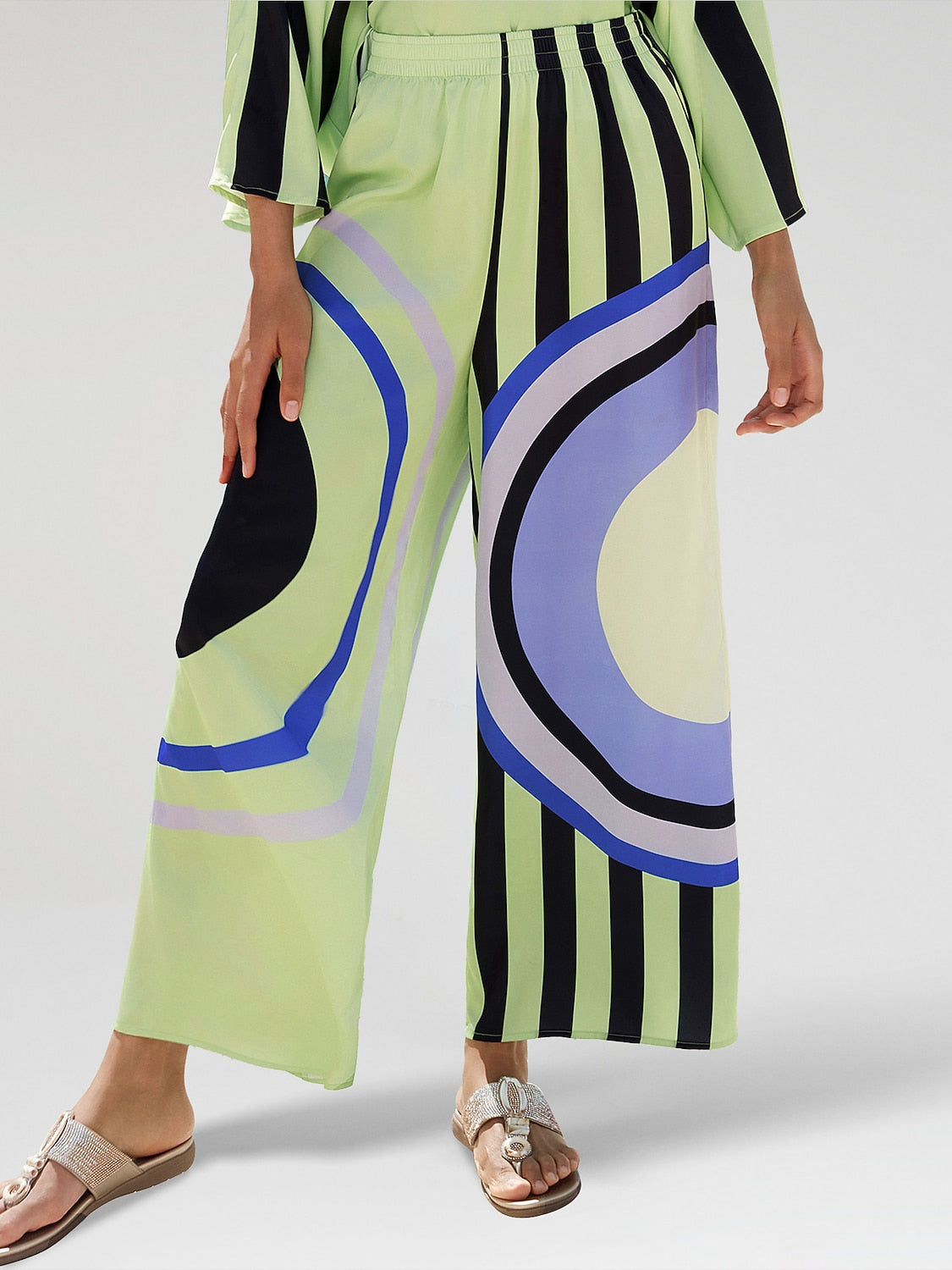 Satin Geometric Print Relaxed Elasticity Straight Pants