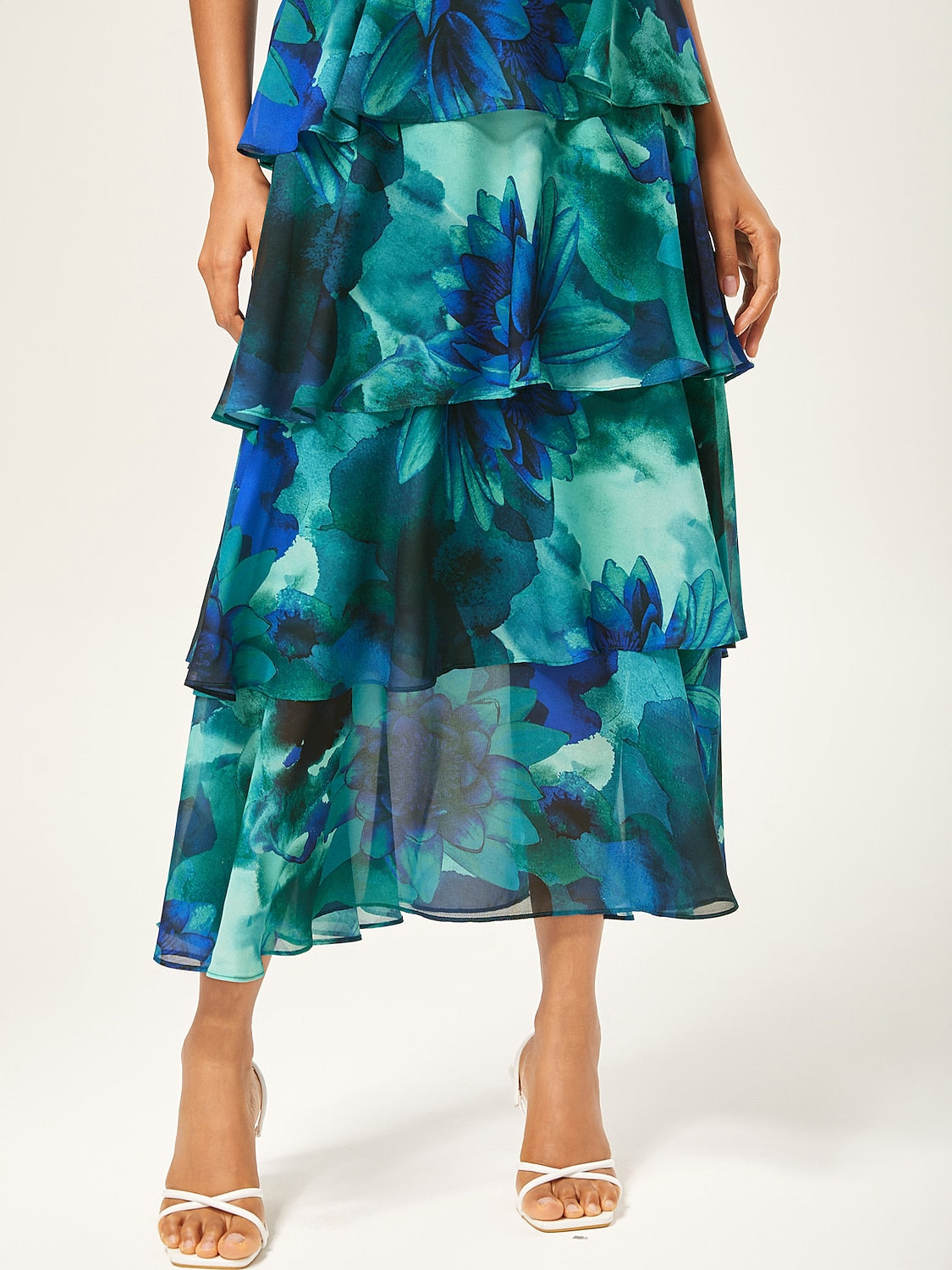 Floral Chiffon Maxi Dress A Line Tiered Ruffle Cake